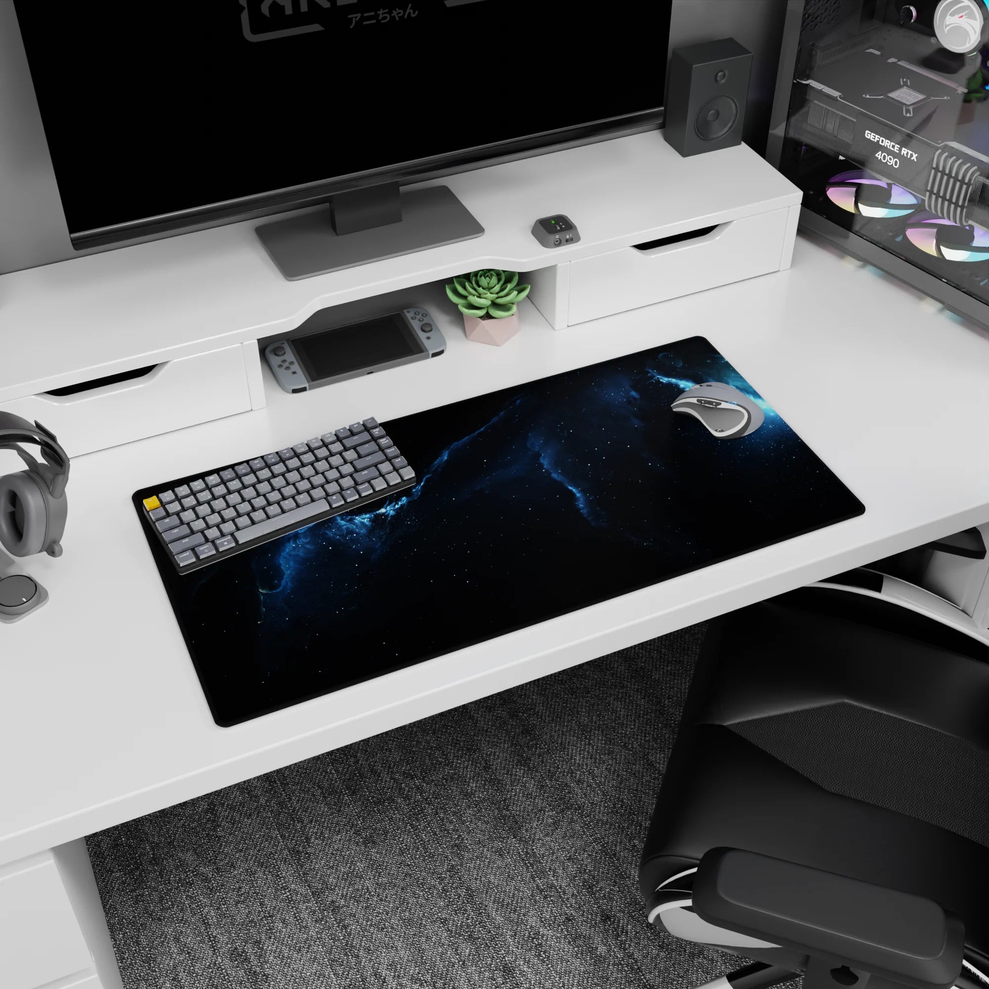 Nebula ribbon and tiny stars scene mouse pad 32x16 inches, deep space look across your desk.