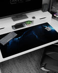 Glowing nebula ribbon desk pad 40x20 inches featuring tiny star-specks across a deep space scene.