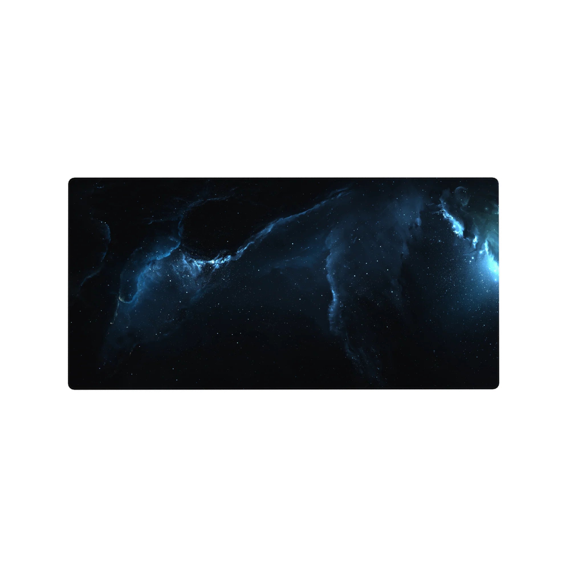 Cosmic gradient desk mouse pad 32x16 inches with nebula ribbon and scattered star specks.