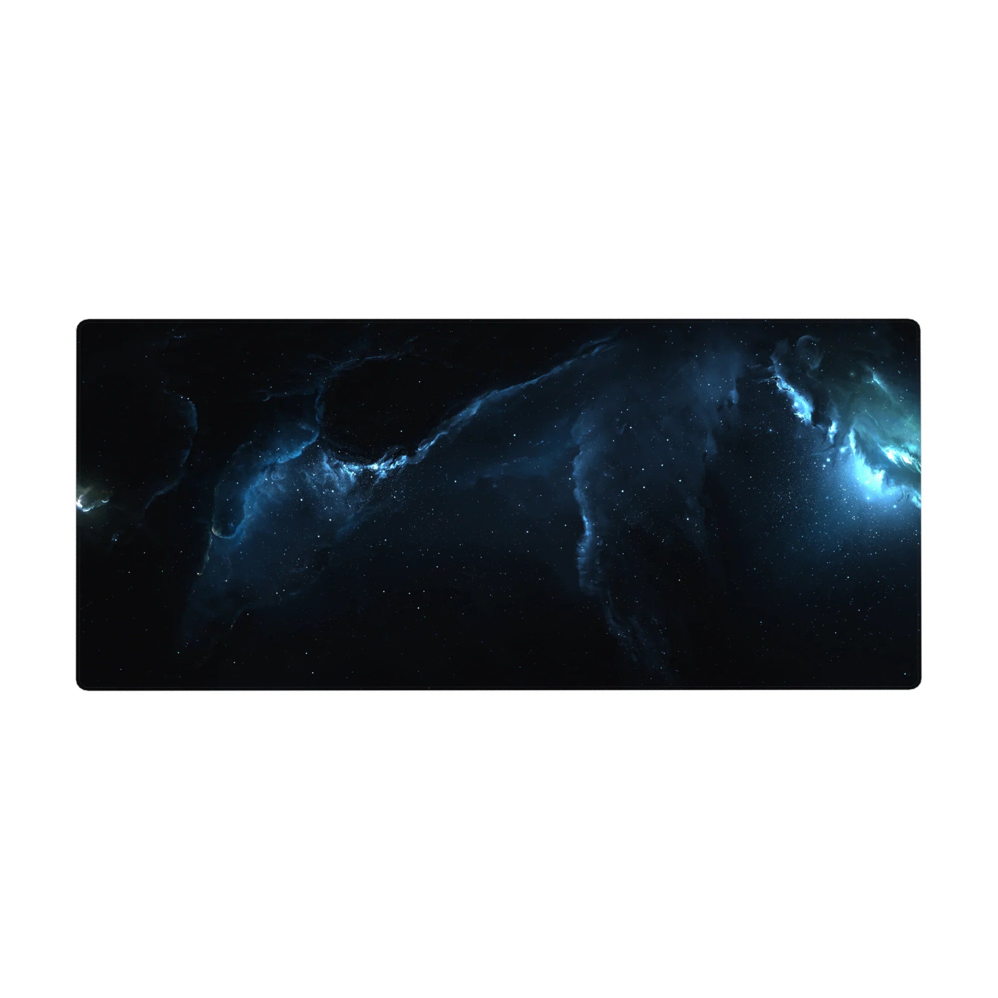 Cosmic space gradient desk pad 36x16 inches with nebula ribbon and scattered star specks.
