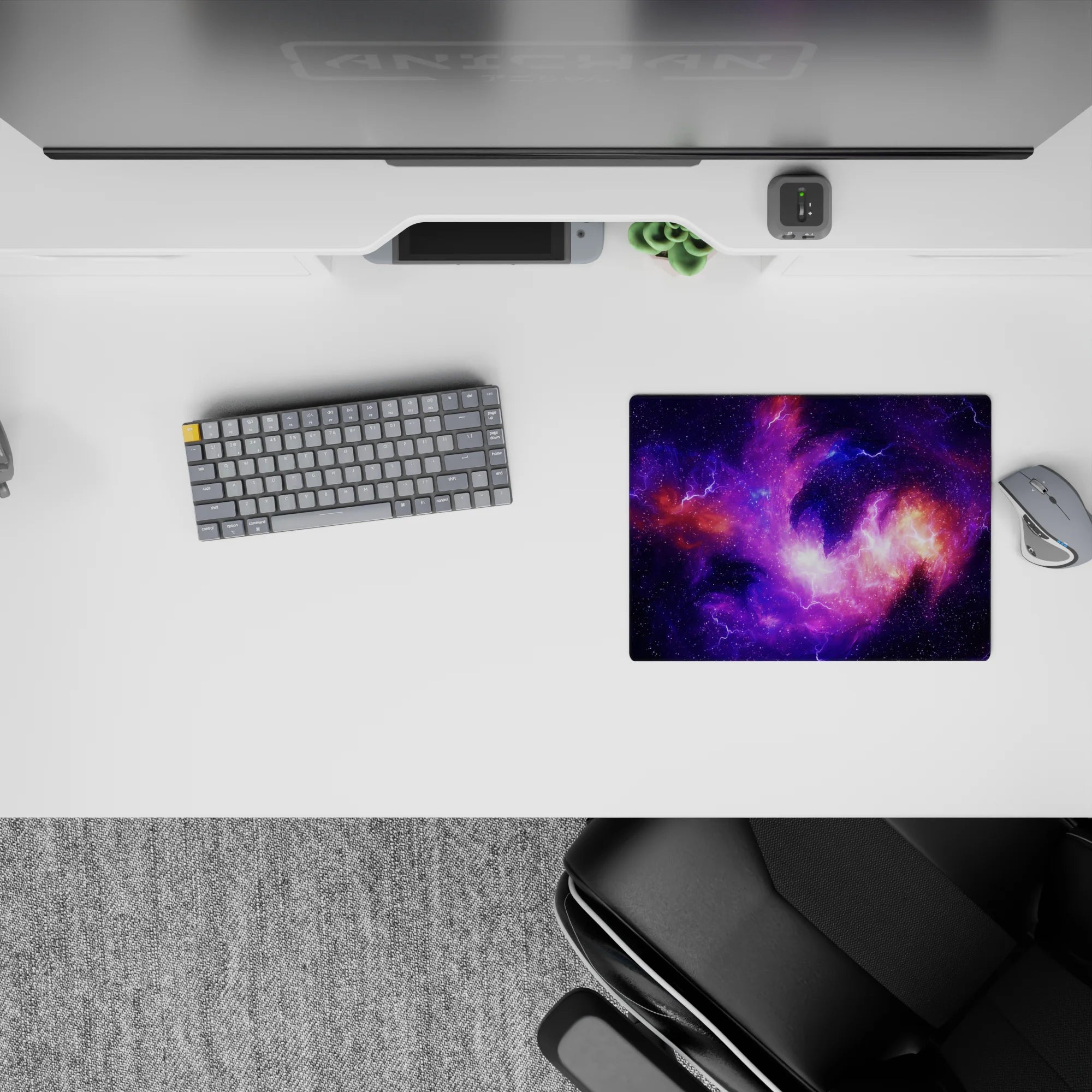 Dreamy 2 a.m. vibe classic mouse pad, 14x10 inches, in deep violet, lilac sparks, and orange glow.