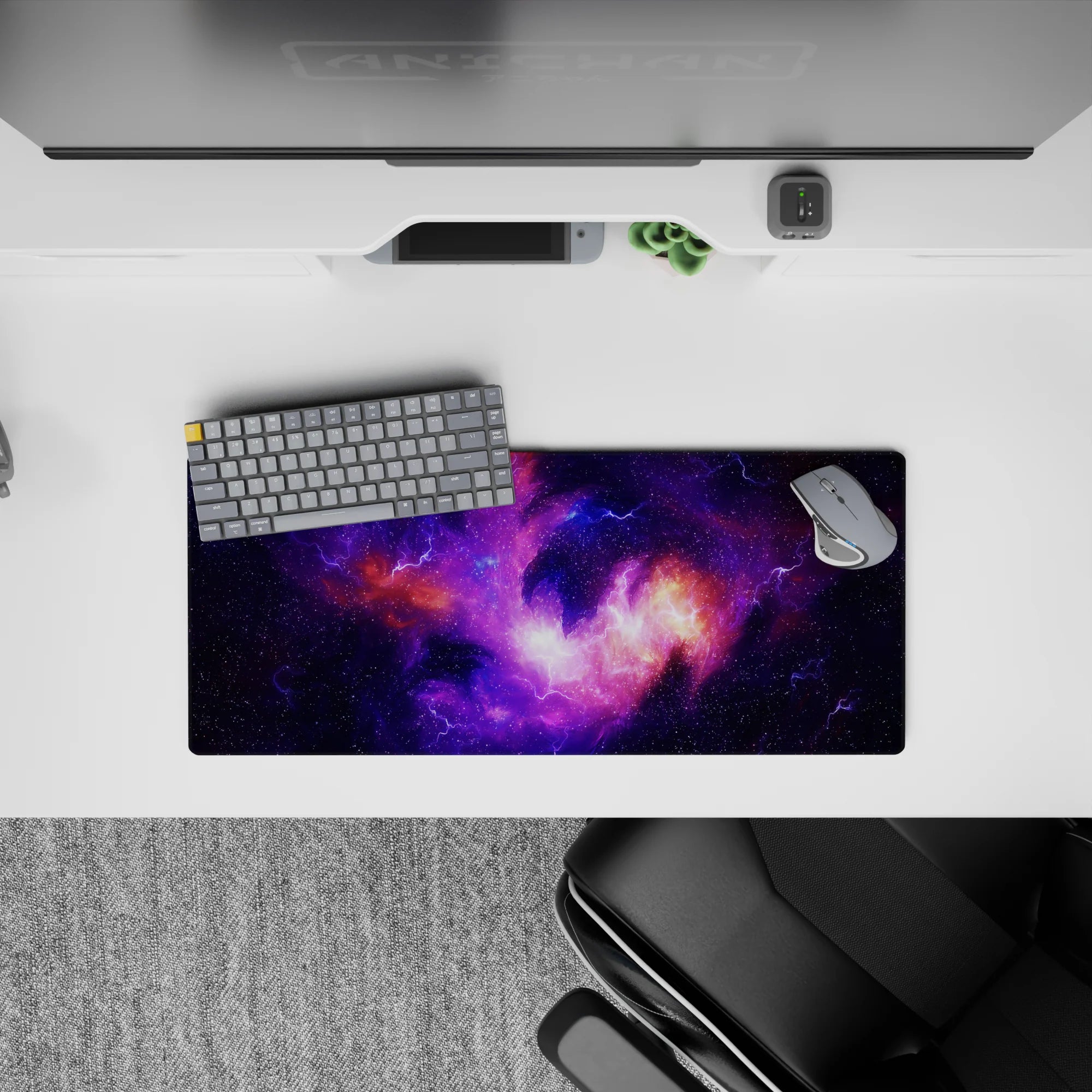 Deep violet and lilac with warm orange nebula glow mouse pad, 28x12 inches, calm late-night space vibe.