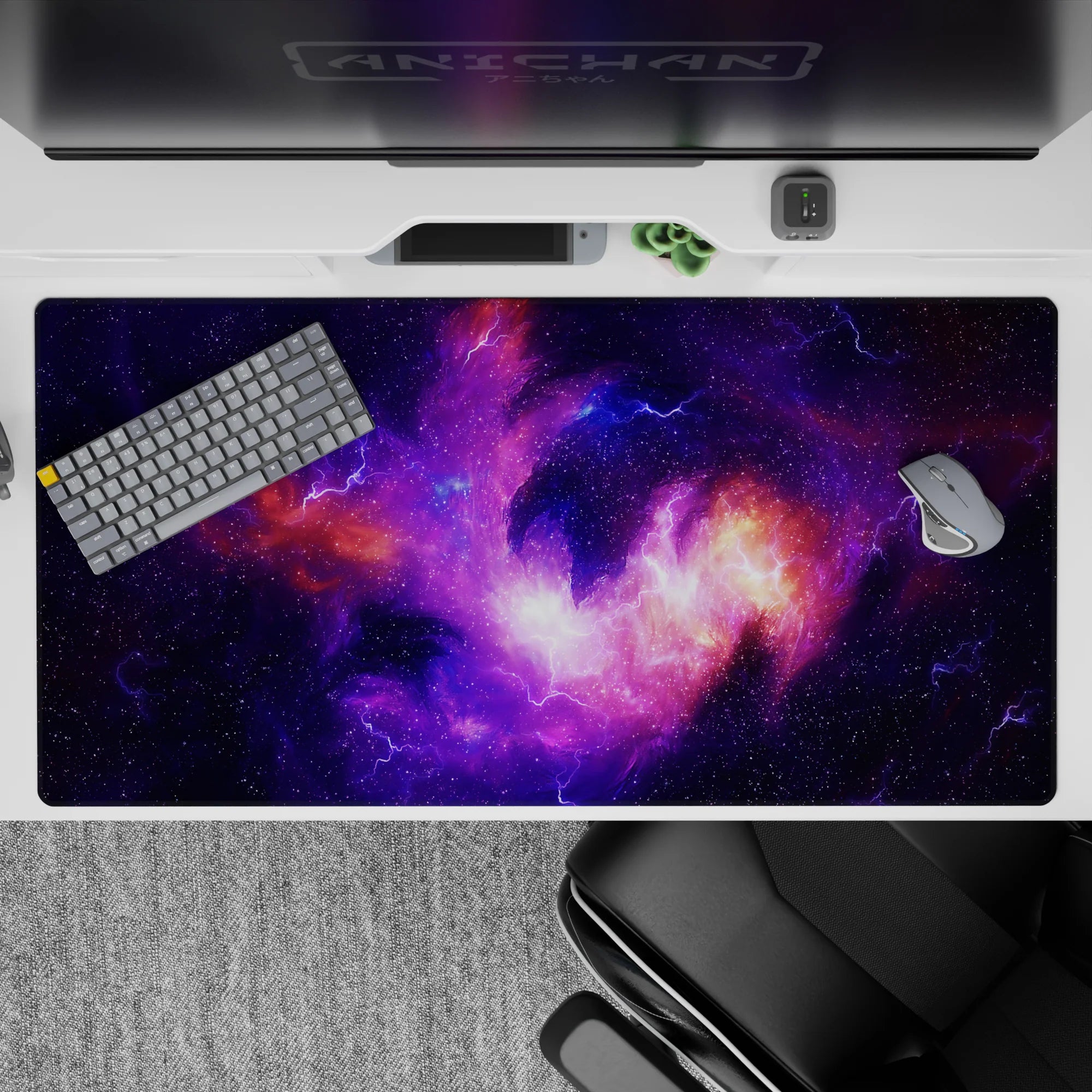Deep violet and lilac desk pad with warm orange nebula glow, calm late-night vibe, 40x20 inches.