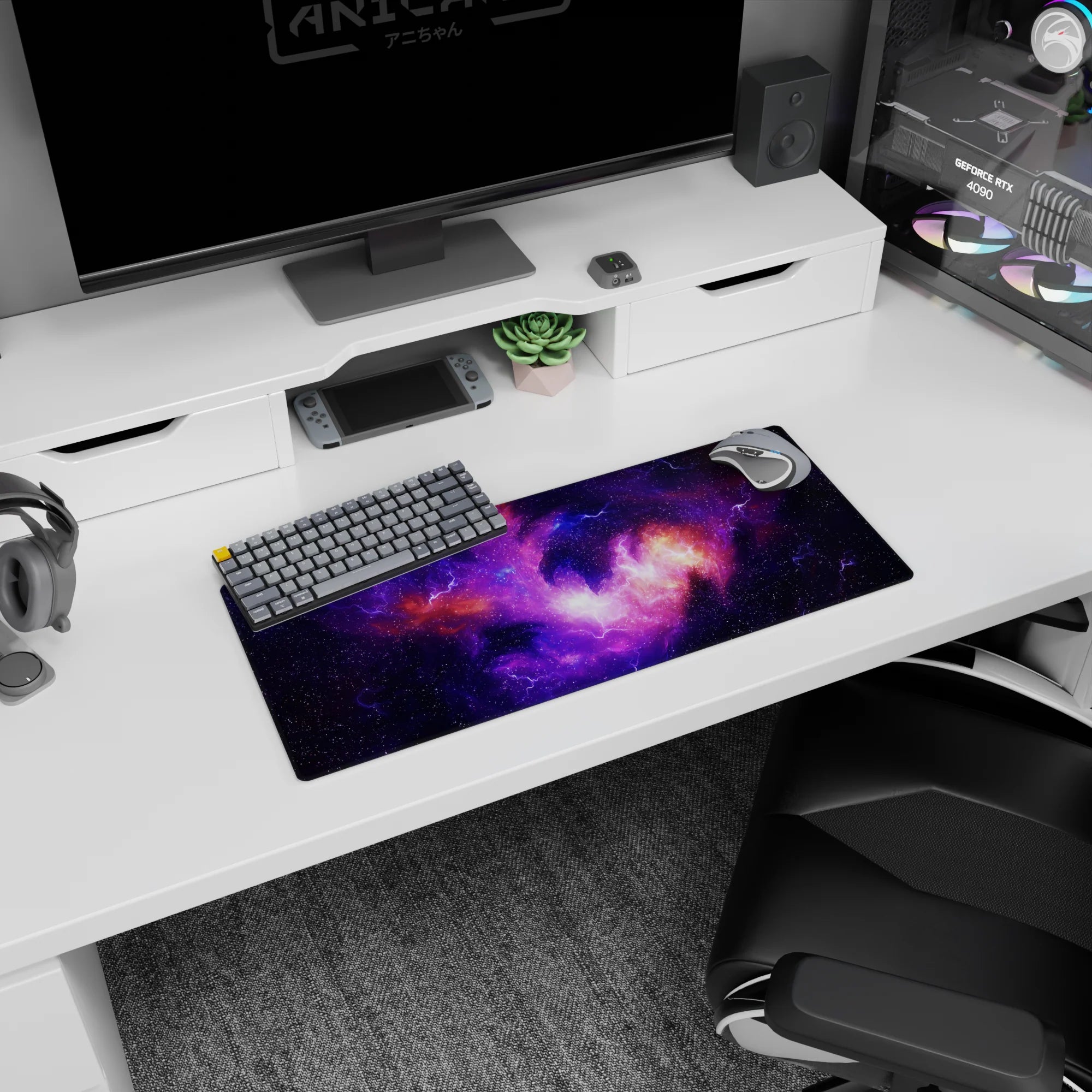 Starry cosmic clouds with zigzag lightning lines on dark backdrop mouse pad, 28x12 inches.