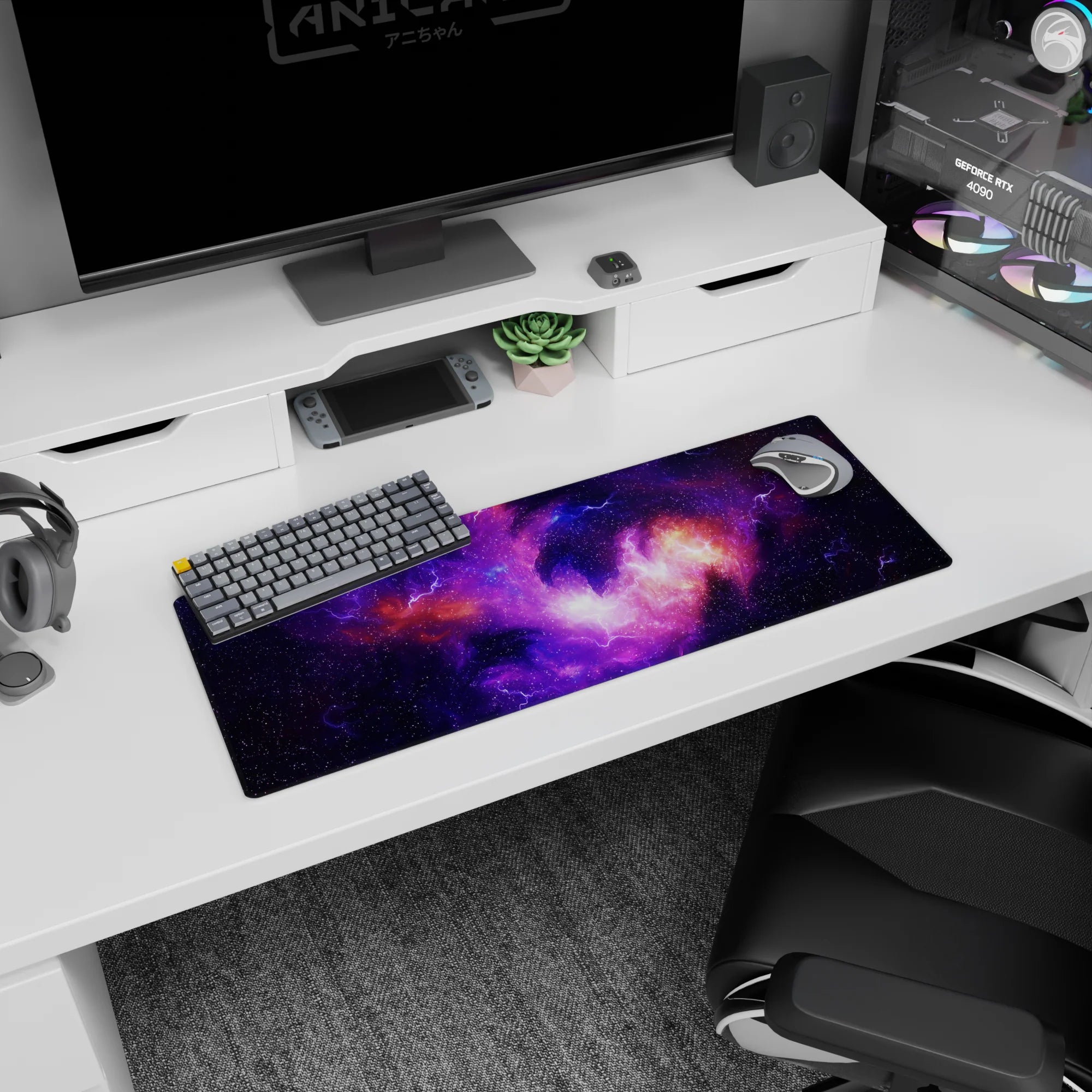 Starry space scene mouse pad 32x12 inches with nebula clouds, scattered stardust, and dancing lightning lines.