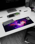 Starry space scene mouse pad 32x12 inches with nebula clouds, scattered stardust, and dancing lightning lines.