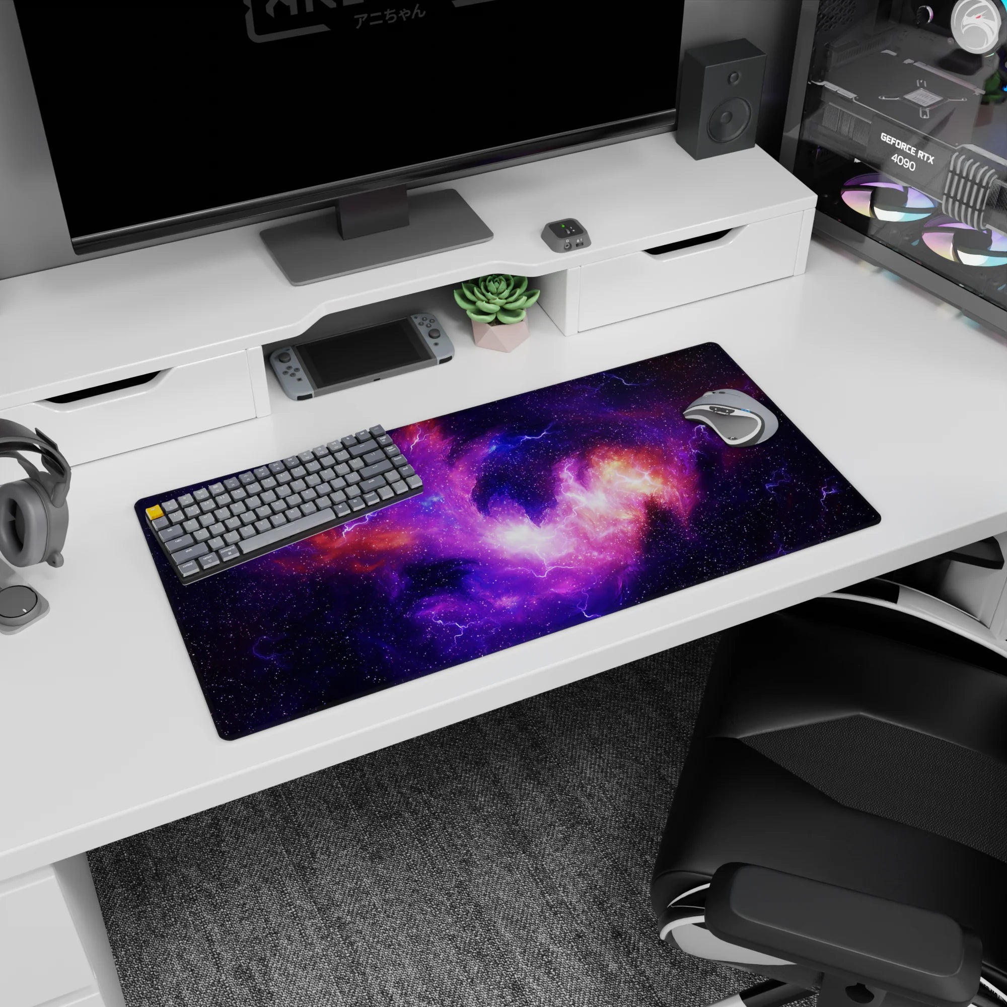 Starry nebula scene mouse pad 32x16 inches featuring violet clouds, orange glow, and dancing lightning lines.