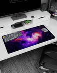 Starry nebula scene mouse pad 32x16 inches featuring violet clouds, orange glow, and dancing lightning lines.
