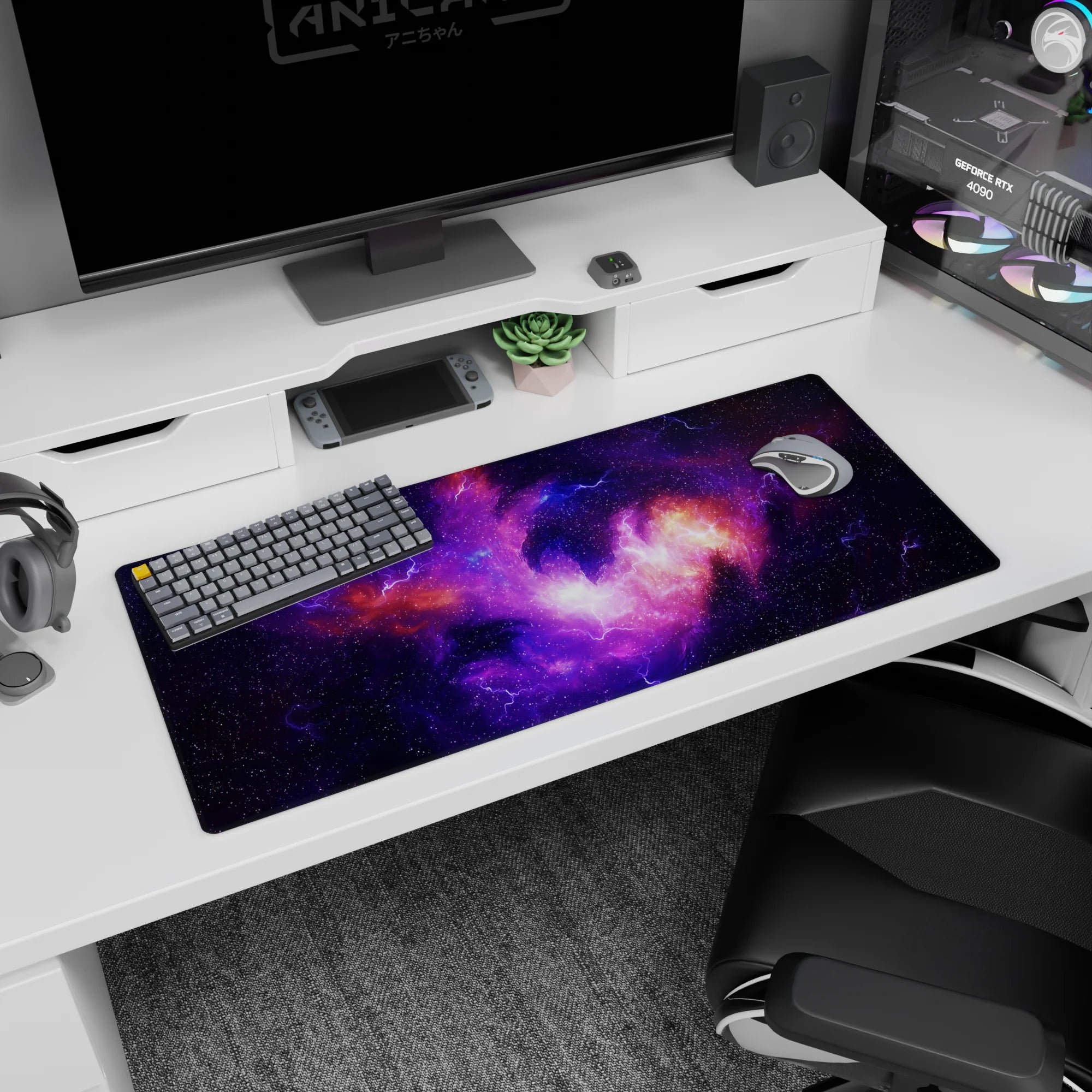Space nebula scene desk pad 36x16 inches featuring starry clouds and electric lightning lines.
