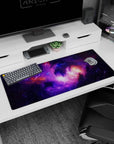 Space nebula scene desk pad 36x16 inches featuring starry clouds and electric lightning lines.