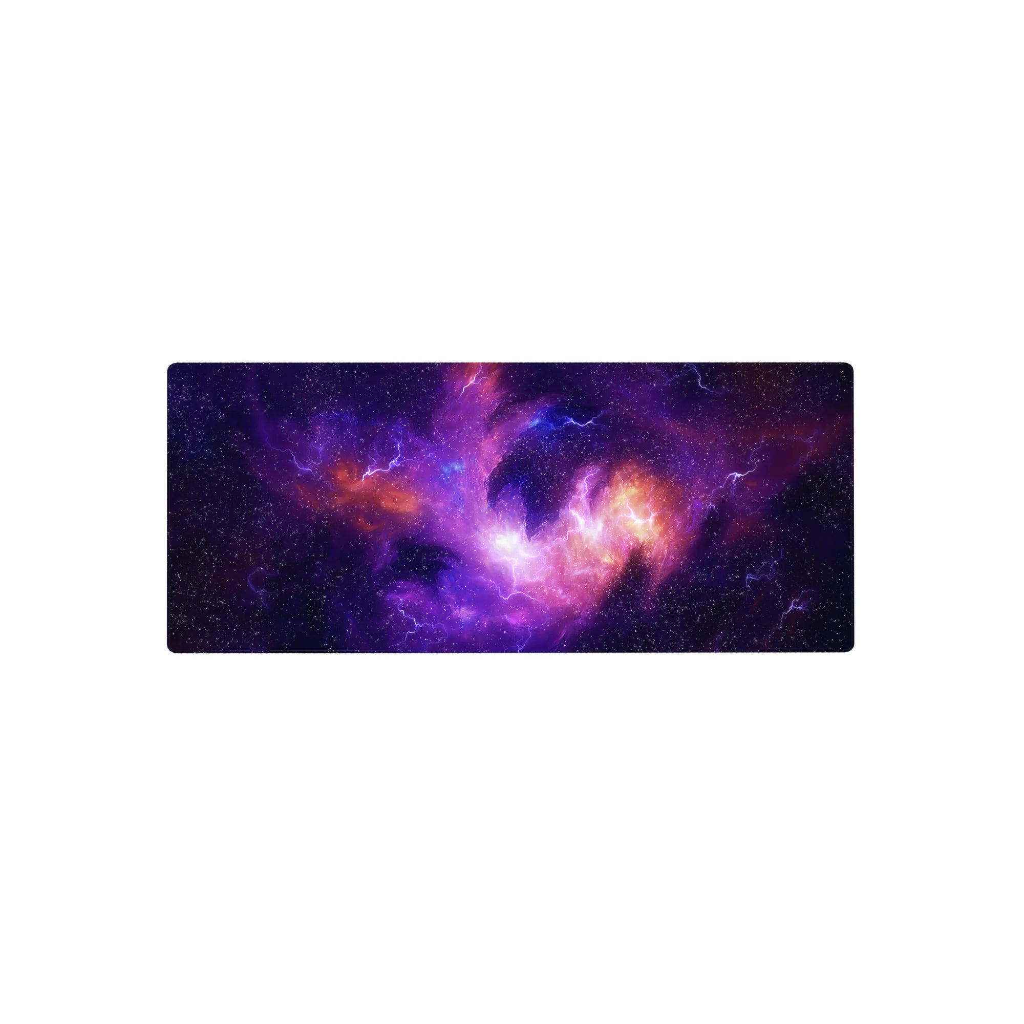 Galaxy swirl lightning star-speckled desk mouse pad, 28x12 inches, smooth tracking for gaming and work.