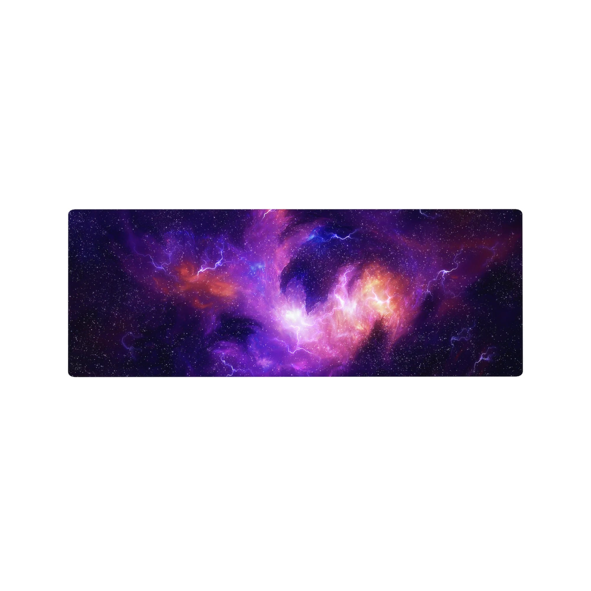 Galaxy swirl mouse pad 32x12 inches with star speckles and zigzag lightning on a dark backdrop.