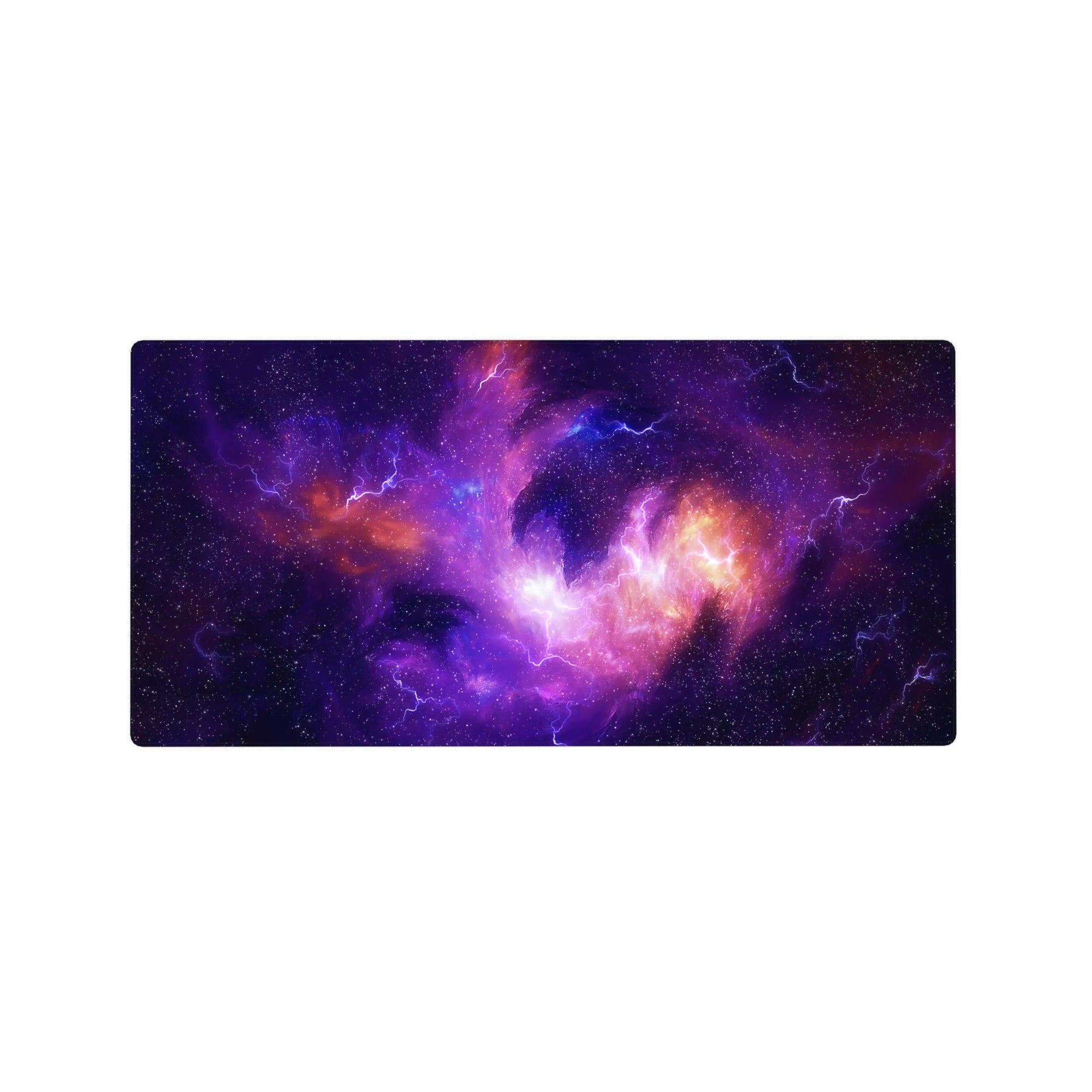 Galaxy swirl desk mouse pad 32x16 inches with star speckles and zigzag lightning on a dark backdrop.