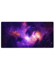 Galaxy swirl desk mouse pad 32x16 inches with star speckles and zigzag lightning on a dark backdrop.