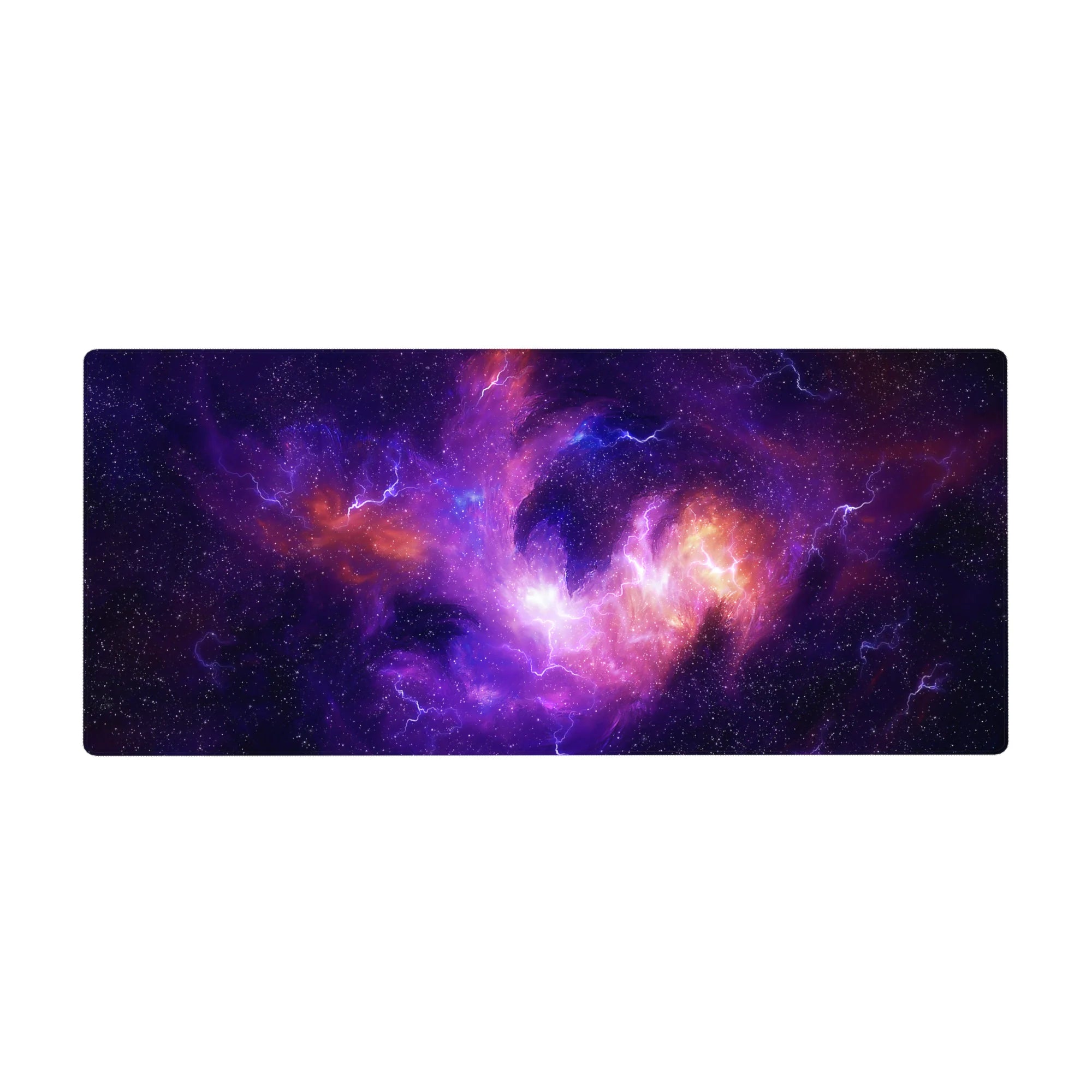 Galaxy swirl desk pad 36x16 inches with star speckles and zigzag lightning on a dark backdrop.