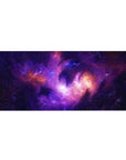 Galaxy swirl desk pad 36x16 inches with star speckles and zigzag lightning on a dark backdrop.