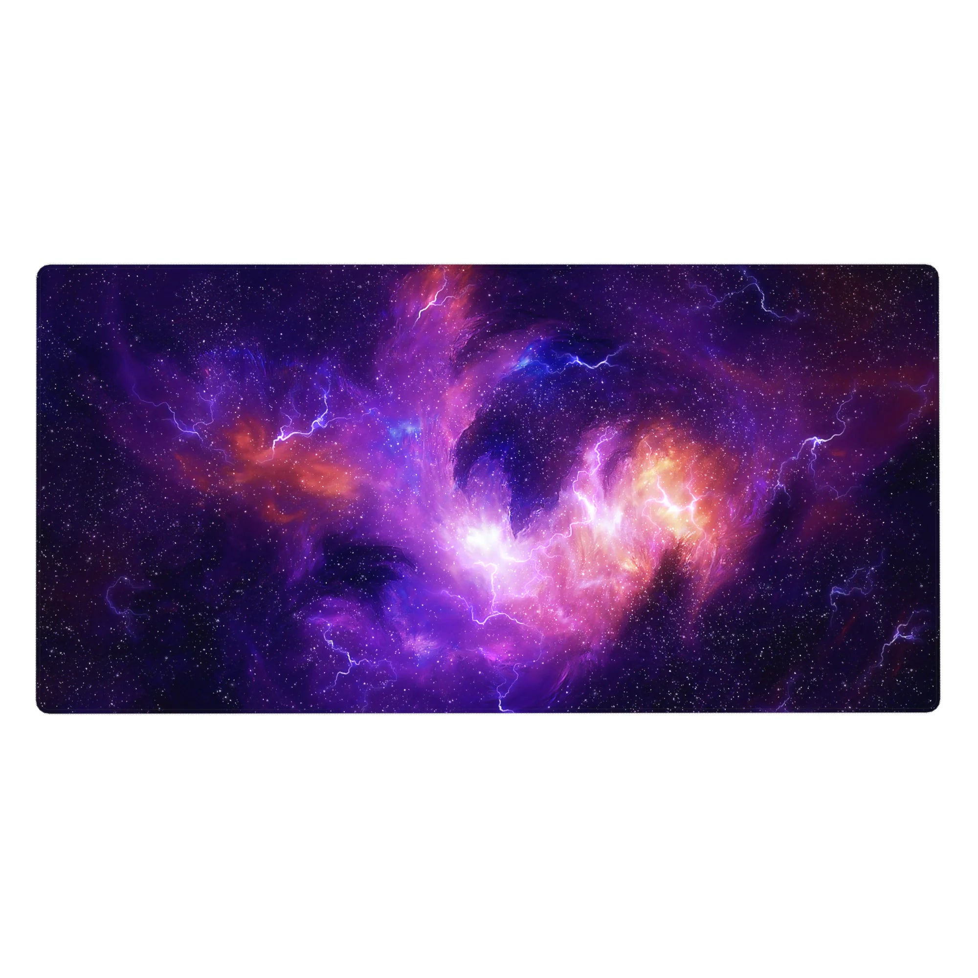 Galaxy swirl desk pad with star speckles and zigzag lightning lines, 40x20 inches.