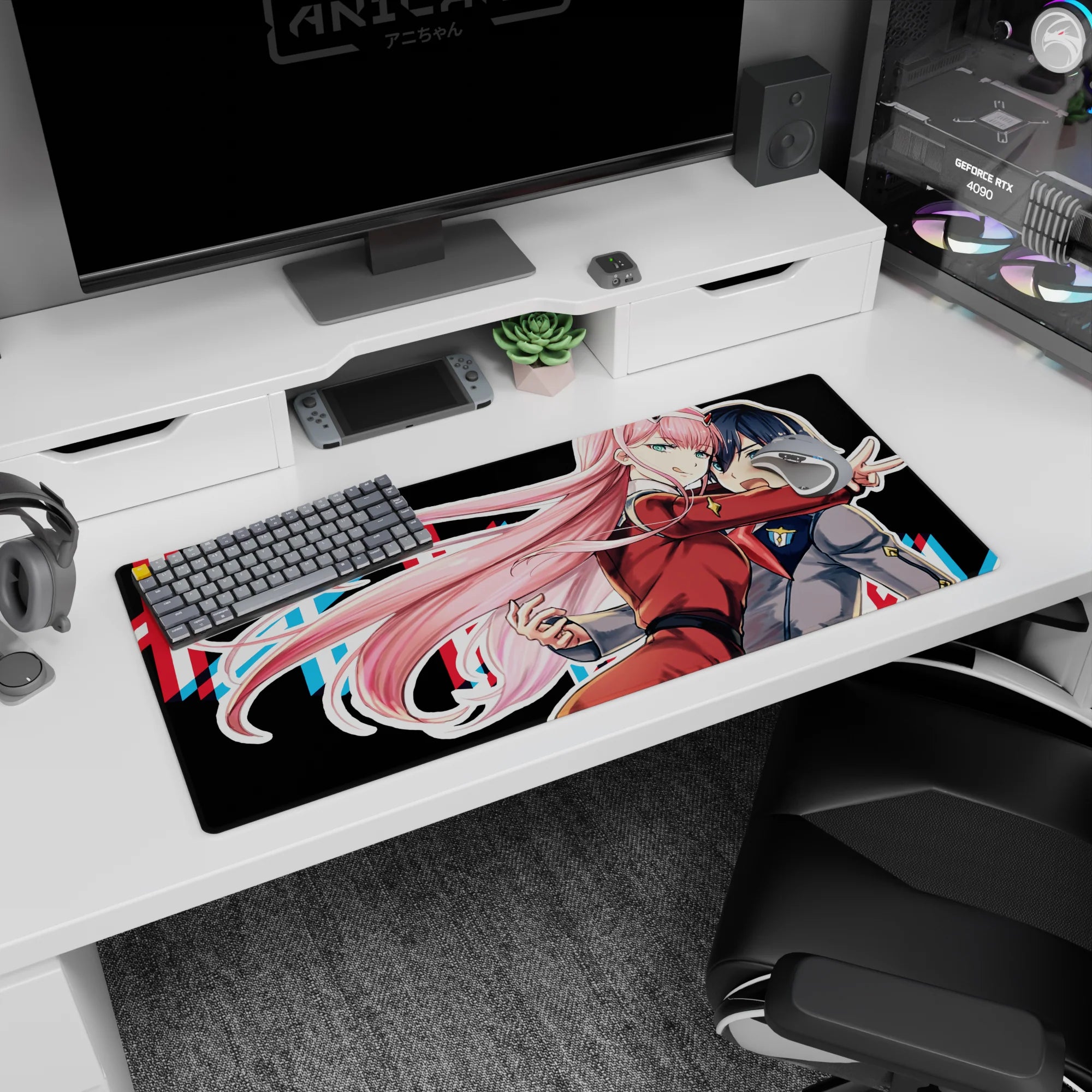 Artistic 36x16 inches mouse pad featuring Zero Two design, with vibrant colors and motion to bring her bold character and energy to your desk.