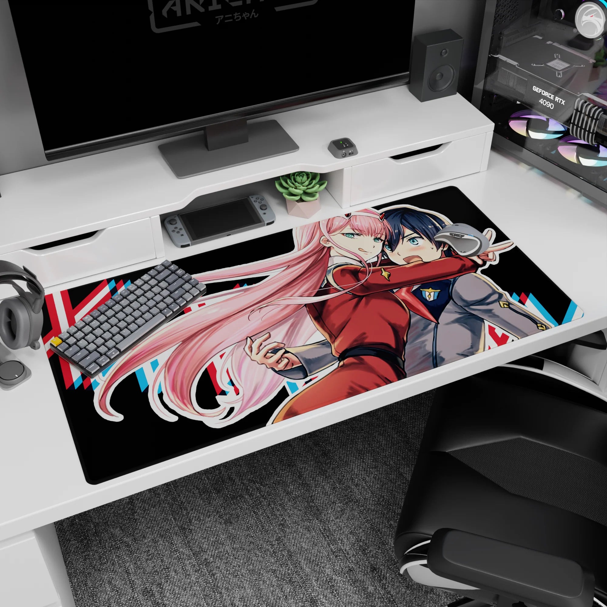 Large 40x20 inches mouse pad featuring Zero Two design, with vibrant colors and motion to capture her bold energy and character.