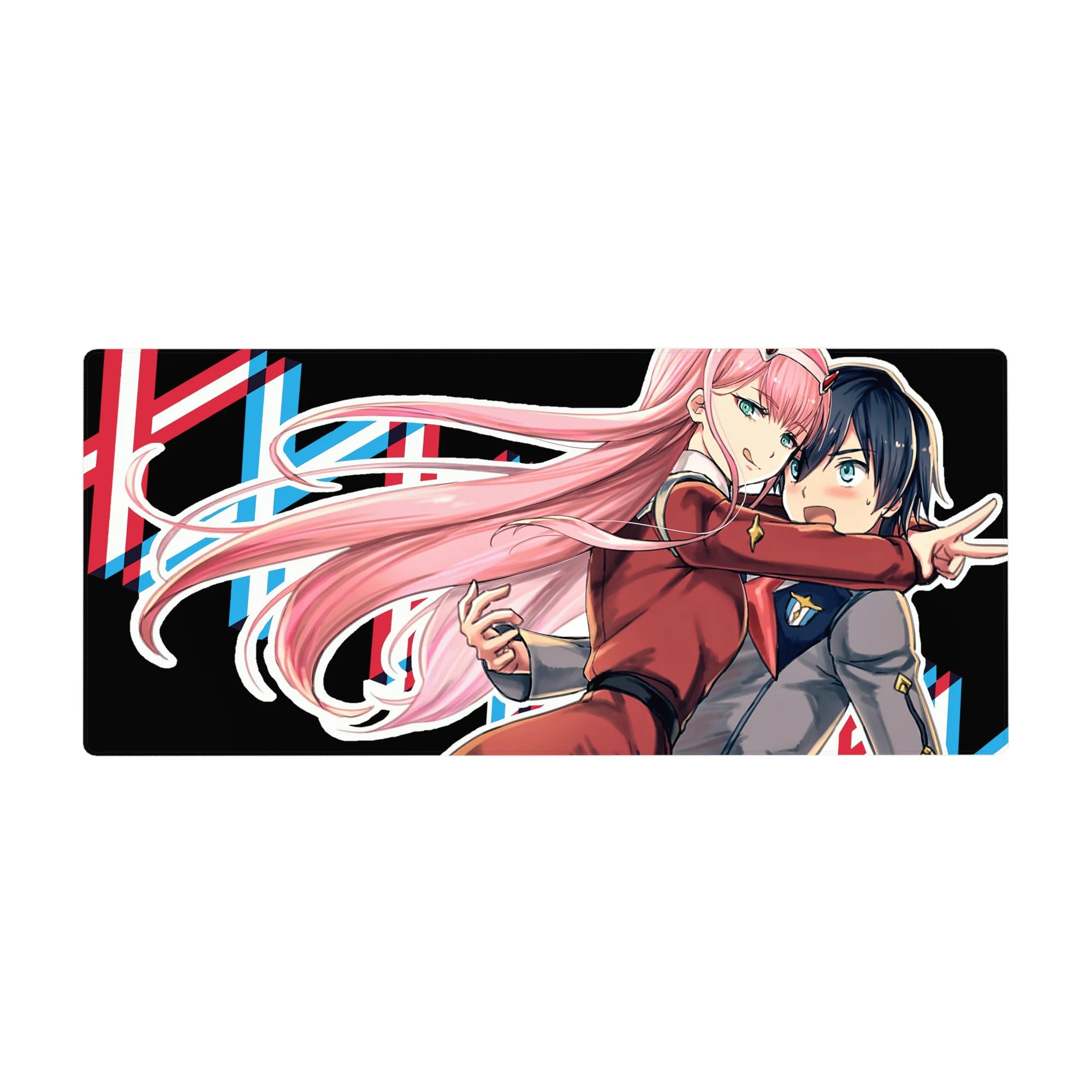 Mouse pad featuring Zero Two design, 36x16 inches, with vibrant colors, motion, and bold character design for a high-energy anime look.