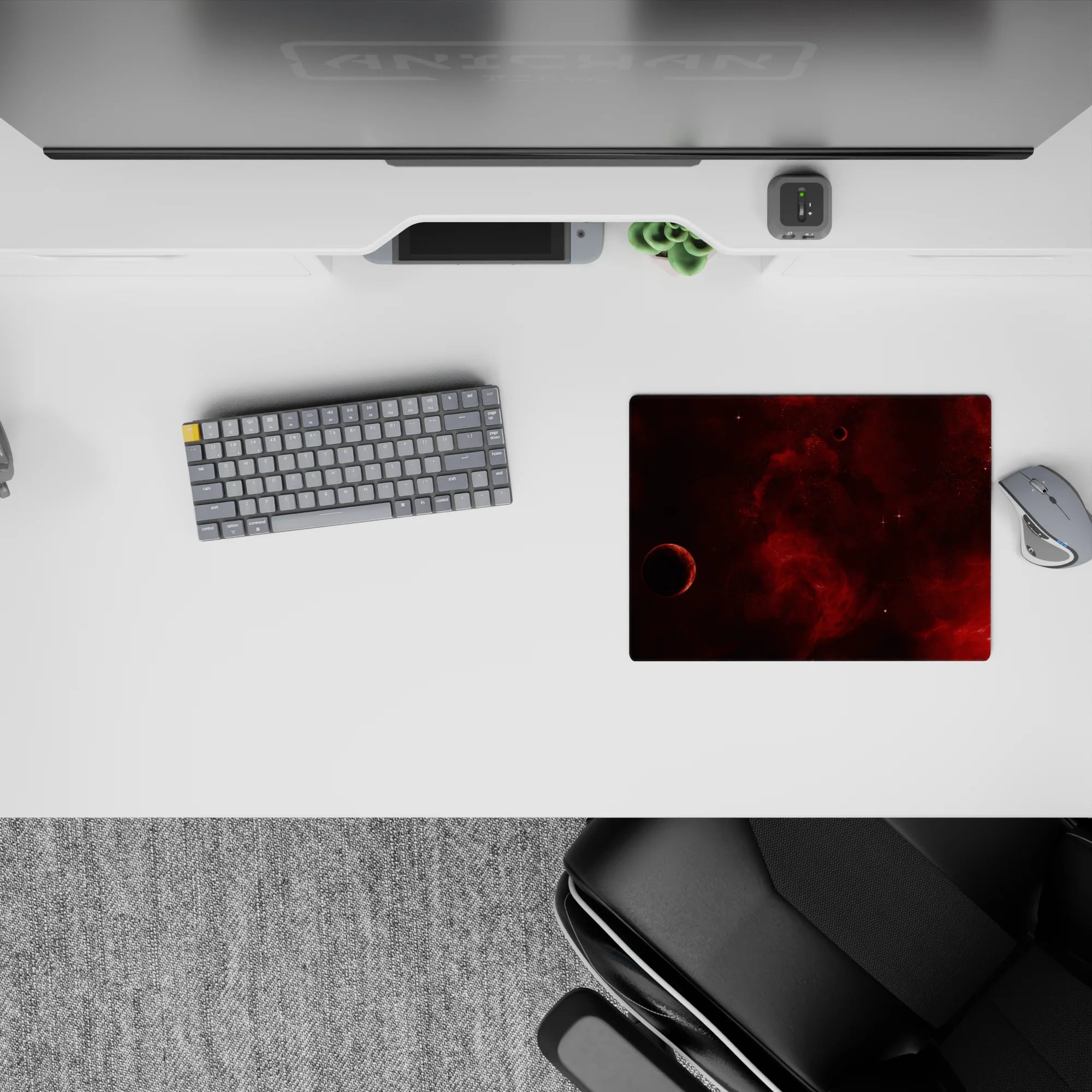Moody warm wine-red space mouse pad, classic 14x10 inches, deep crimson clouds fading to near-black.