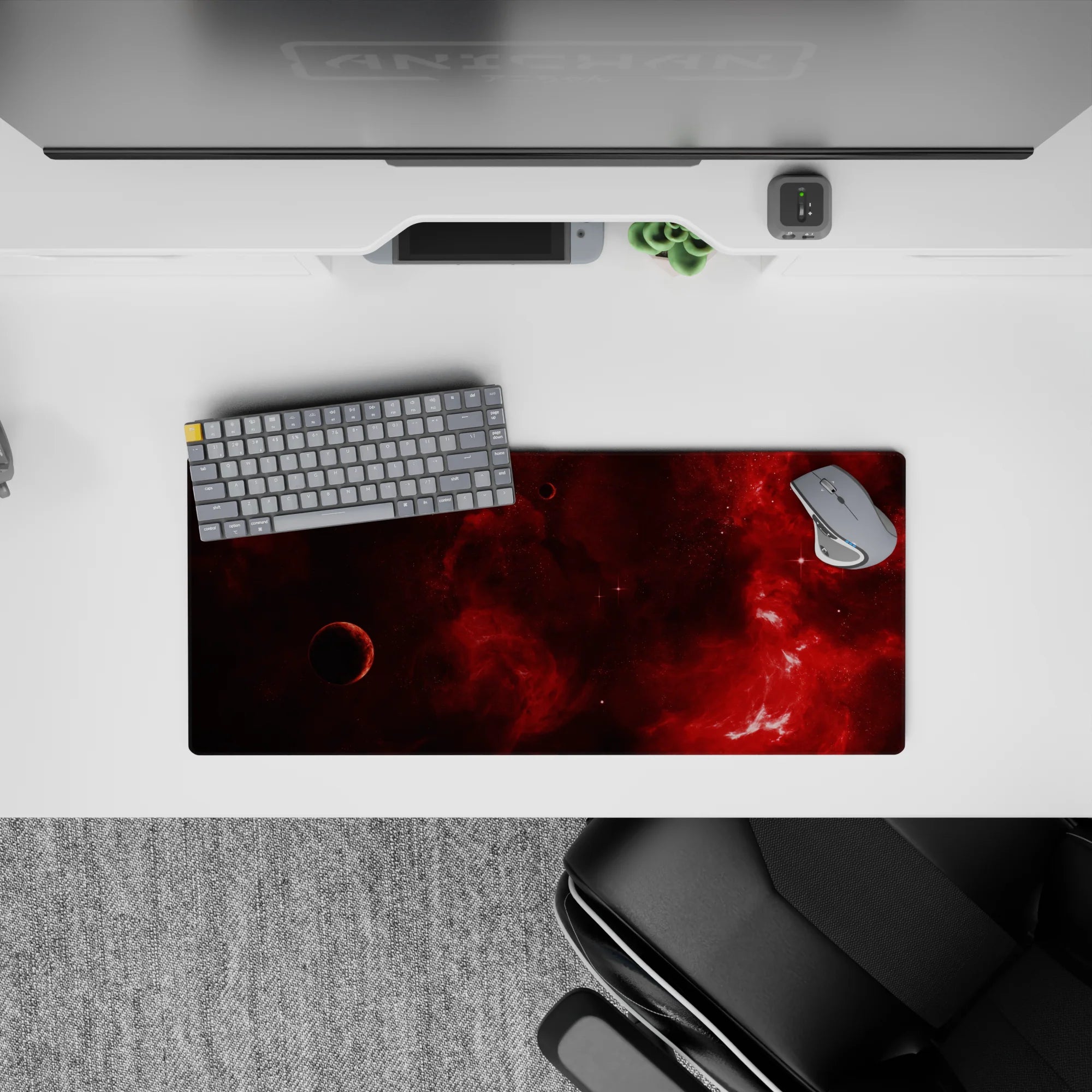 Moody wine-red and near-black desk mouse pad 28x12 inches with warm cinematic, mysterious space vibes.