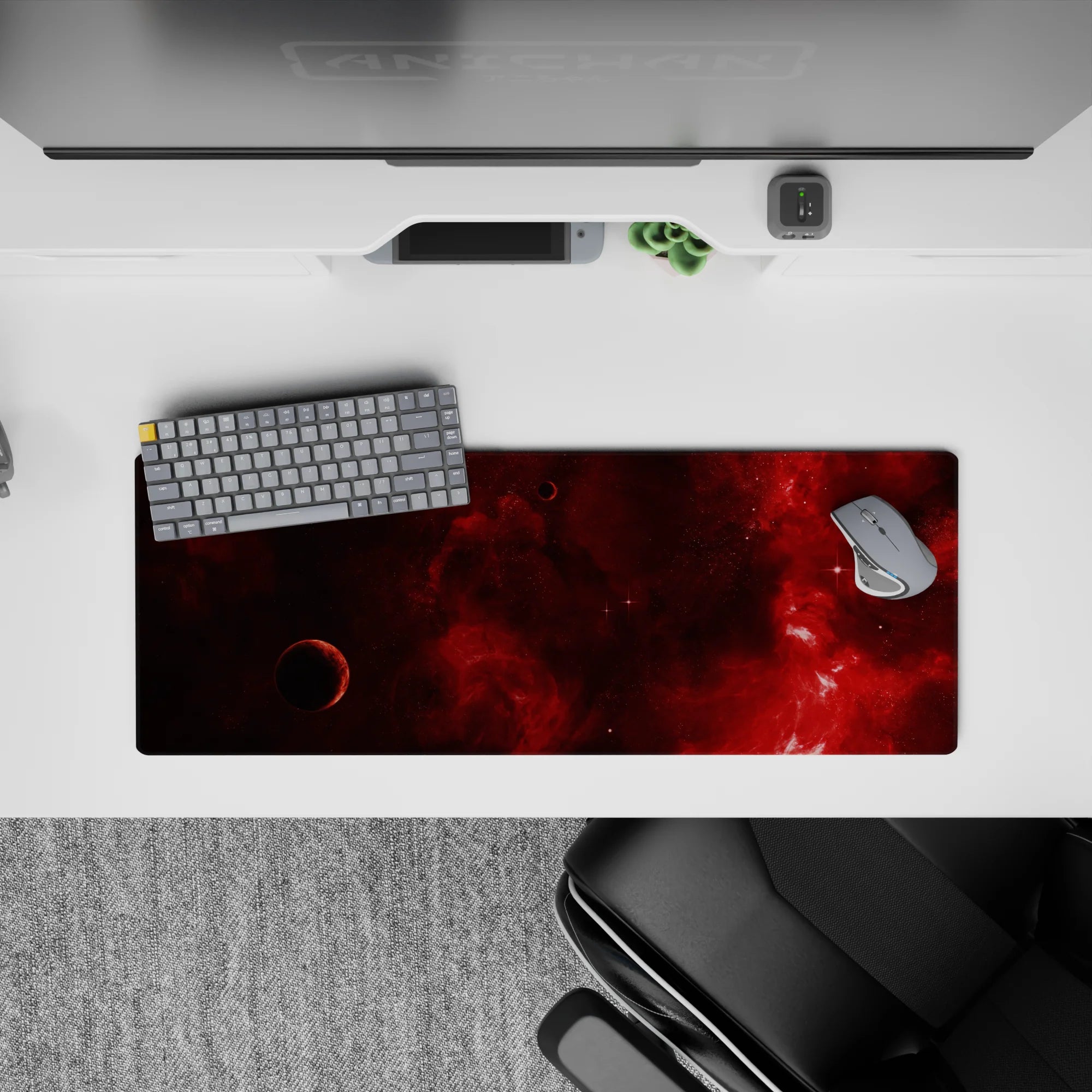 Moody wine-red and near-black desk mat mouse pad 32x12 inches with warm cinematic space vibes.