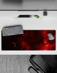 Moody wine-red and near-black desk mat mouse pad 32x12 inches with warm cinematic space vibes.