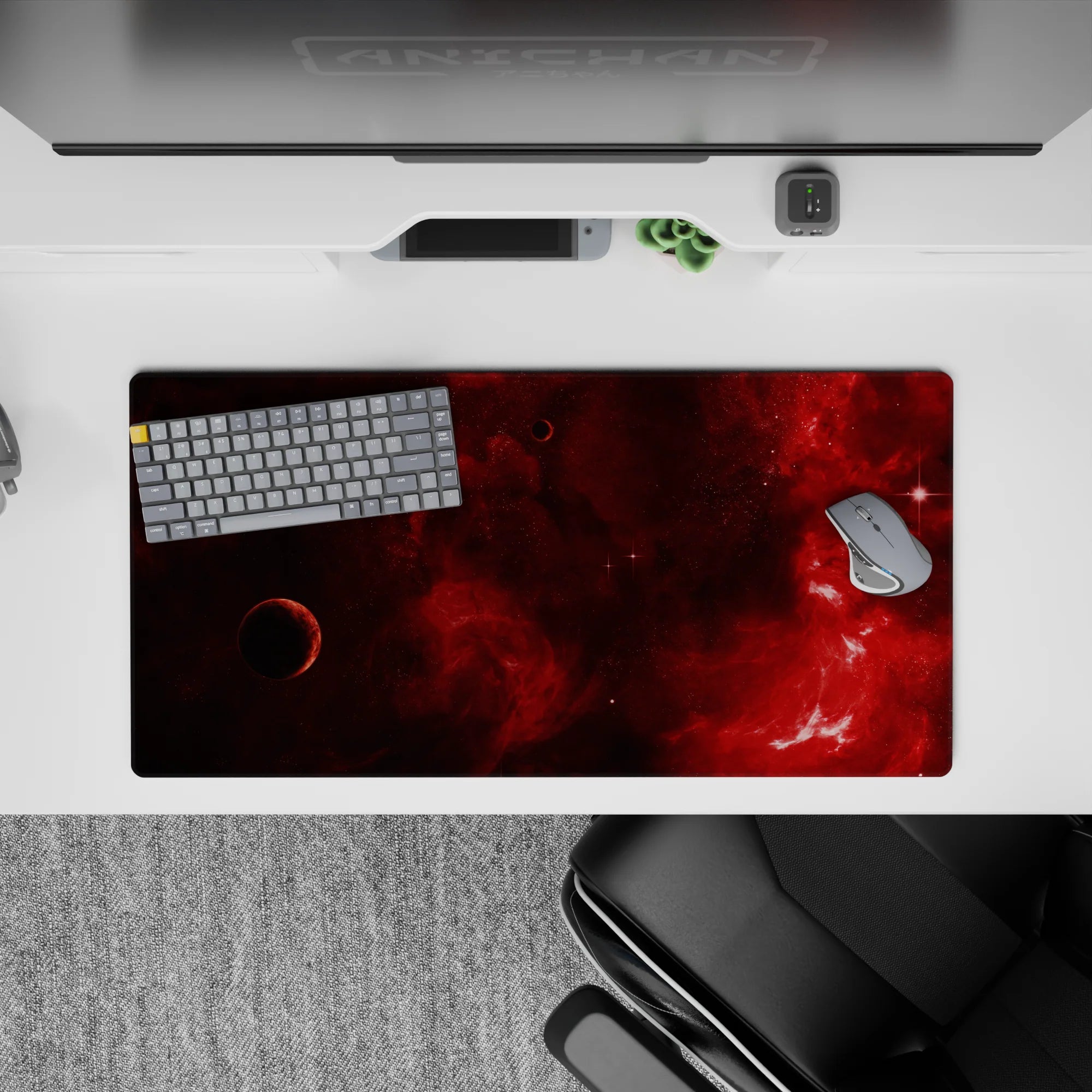 Moody wine-red and near-black gradient desk mat mouse pad 32x16 inches with warm cinematic feel.
