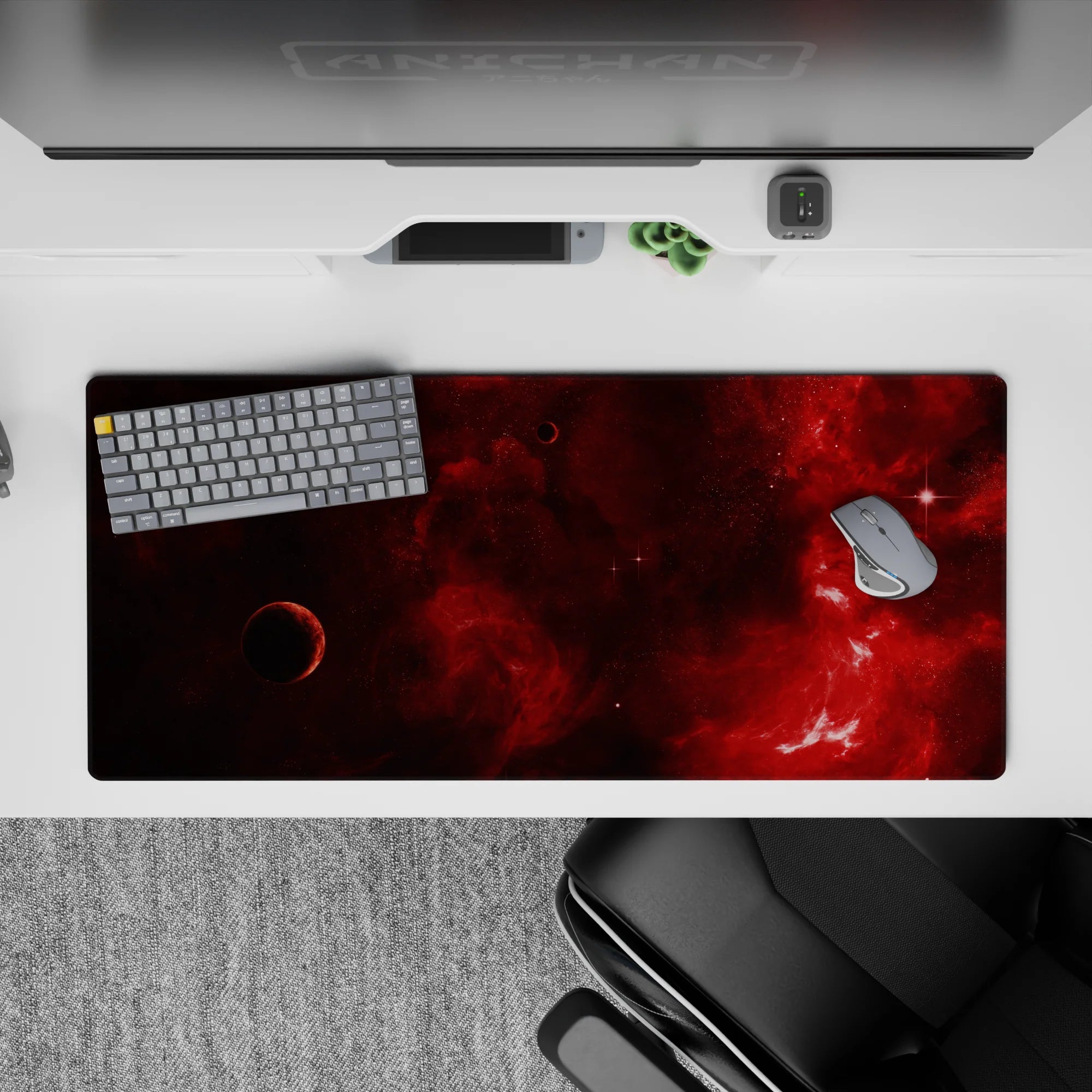 Moody deep wine-red and near-black desk pad 36x16 inches, warm cinematic look with subtle starlight.
