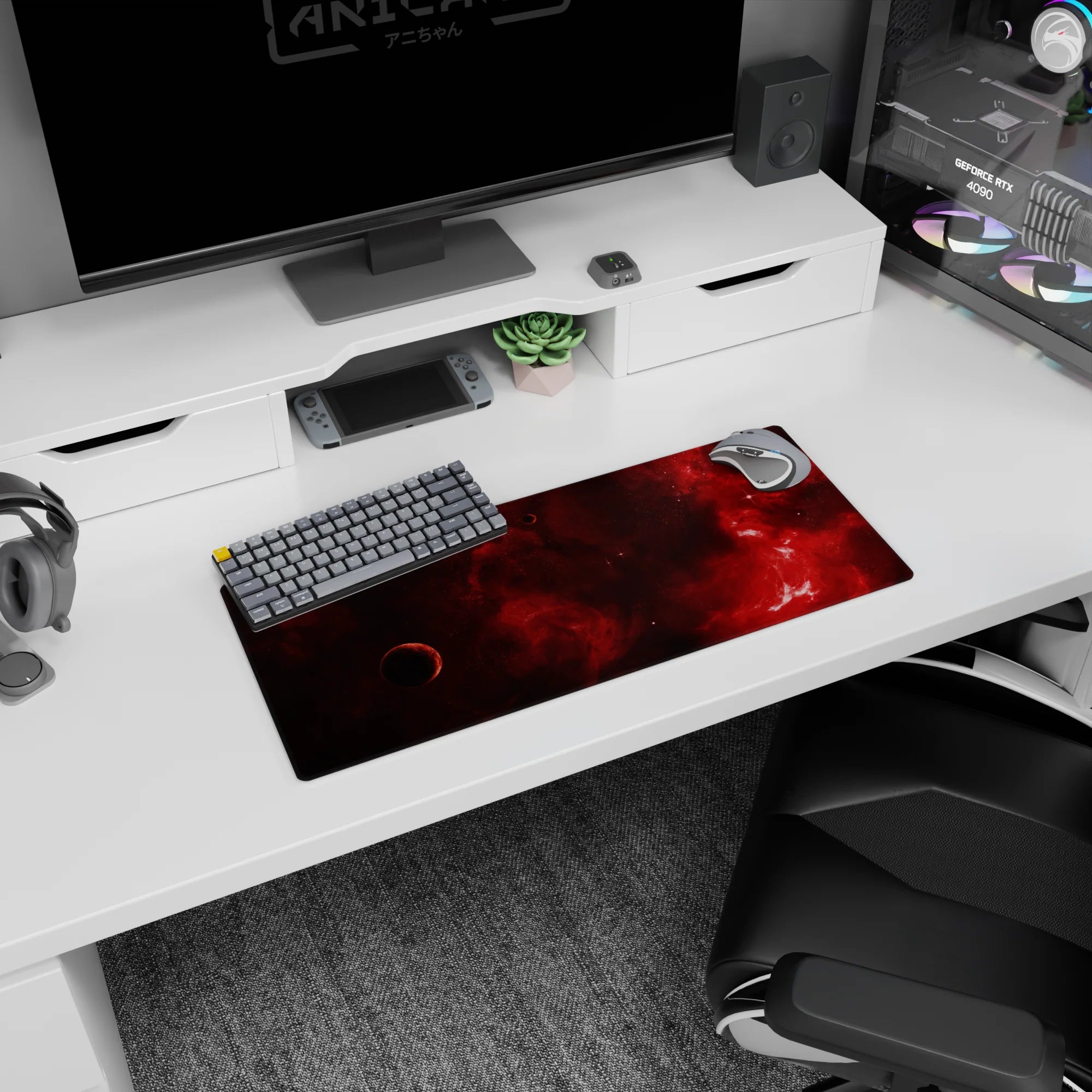 Shadowed planet in a red nebula mouse pad 28x12 inches, dotted with tiny stars like ink in water.