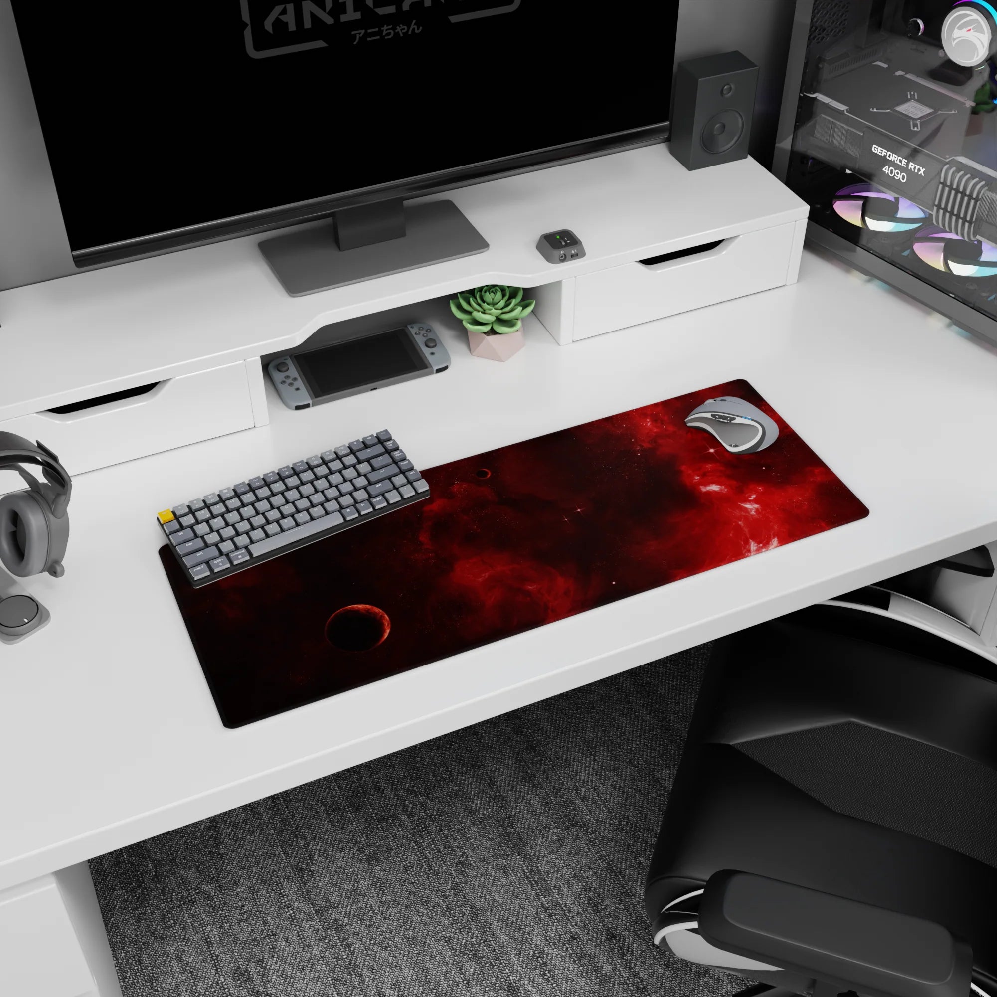 Shadowed lone planet in a red nebula mouse pad 32x12 inches with scattered starfield.