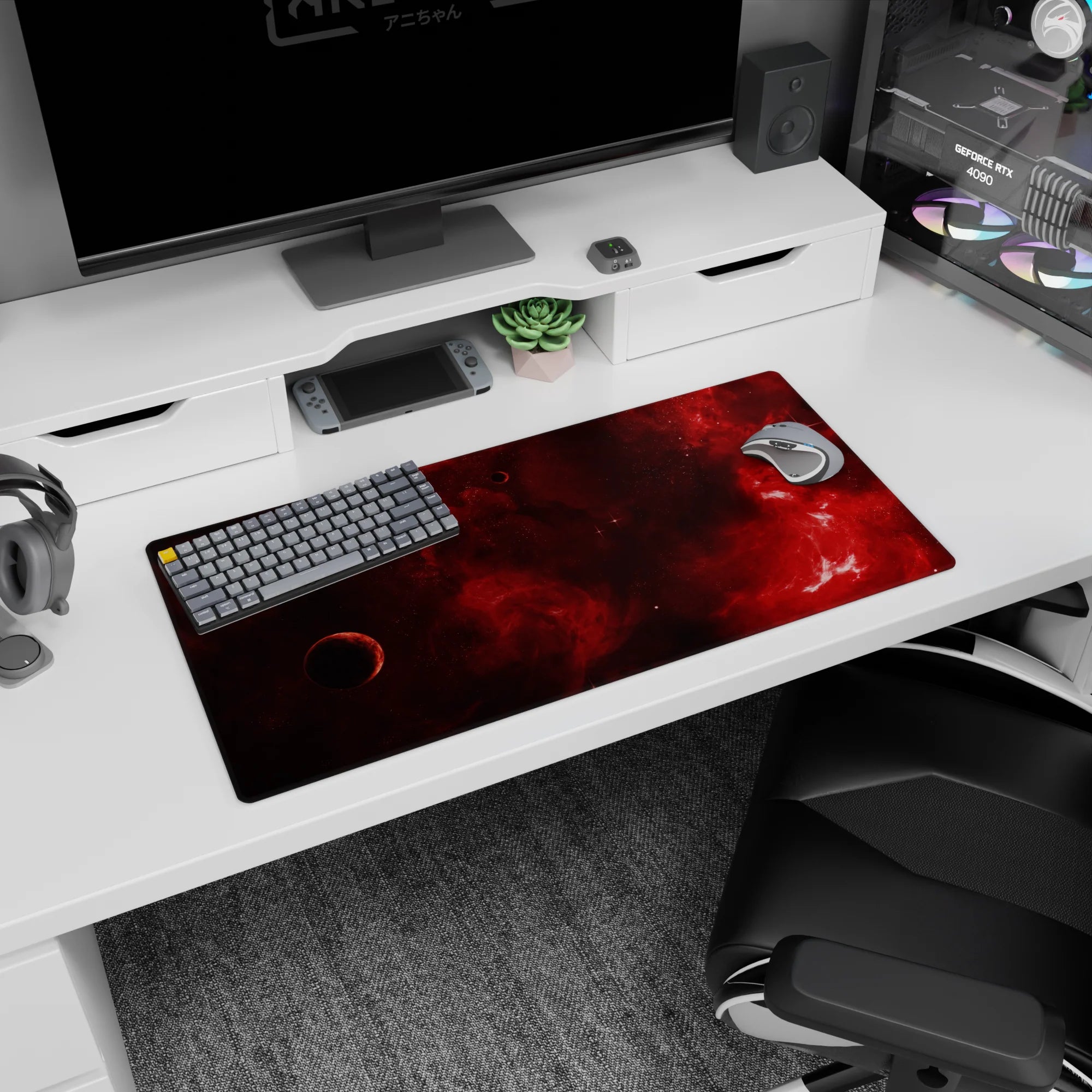 Star-dotted red nebula scene with a shadowed planet mouse pad 32x16 inches for desk setup.