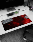 Star-dotted red nebula scene with a shadowed planet mouse pad 32x16 inches for desk setup.
