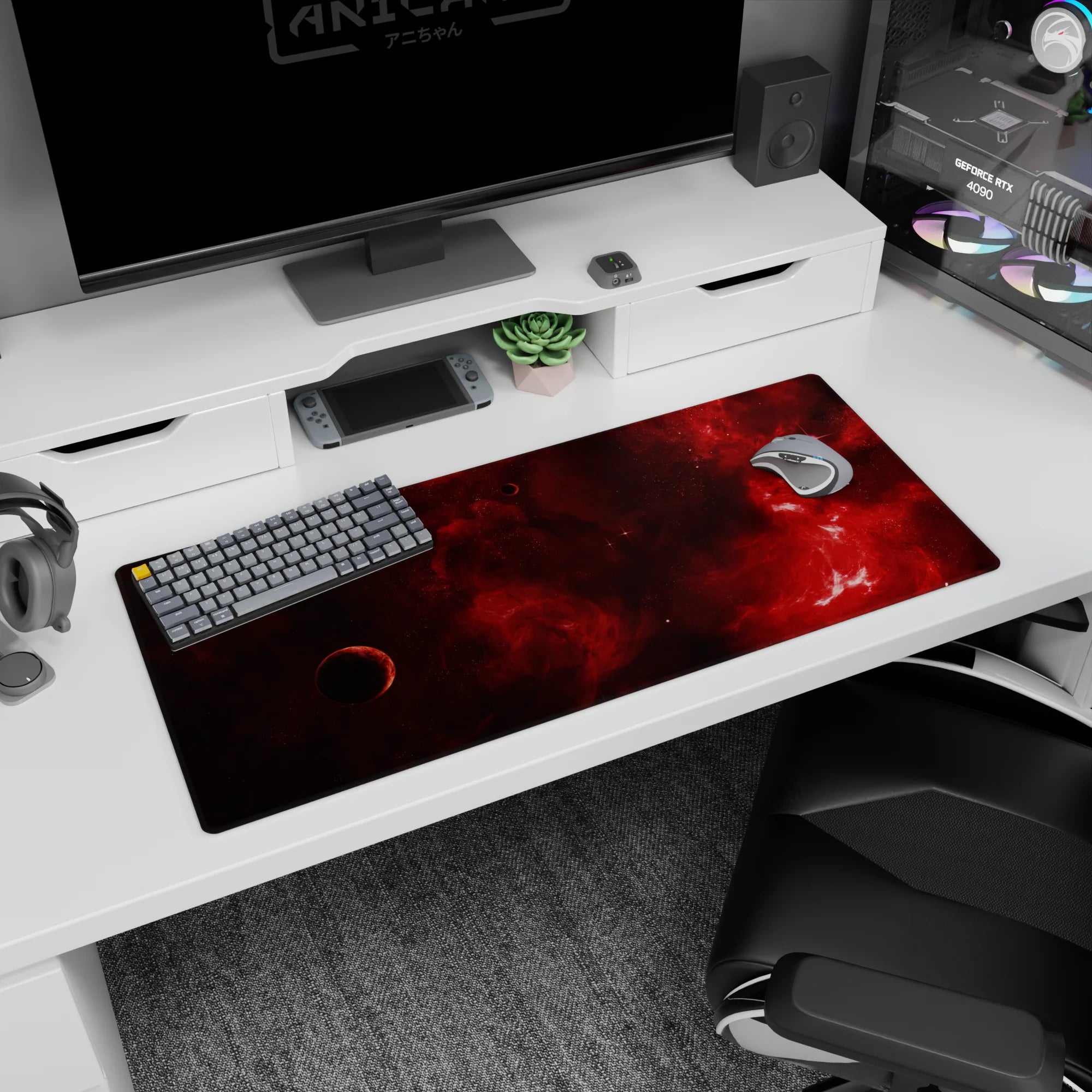 Lone shadowed planet in a red nebula starfield desk pad 36x16 inches, hypnotic space scene.