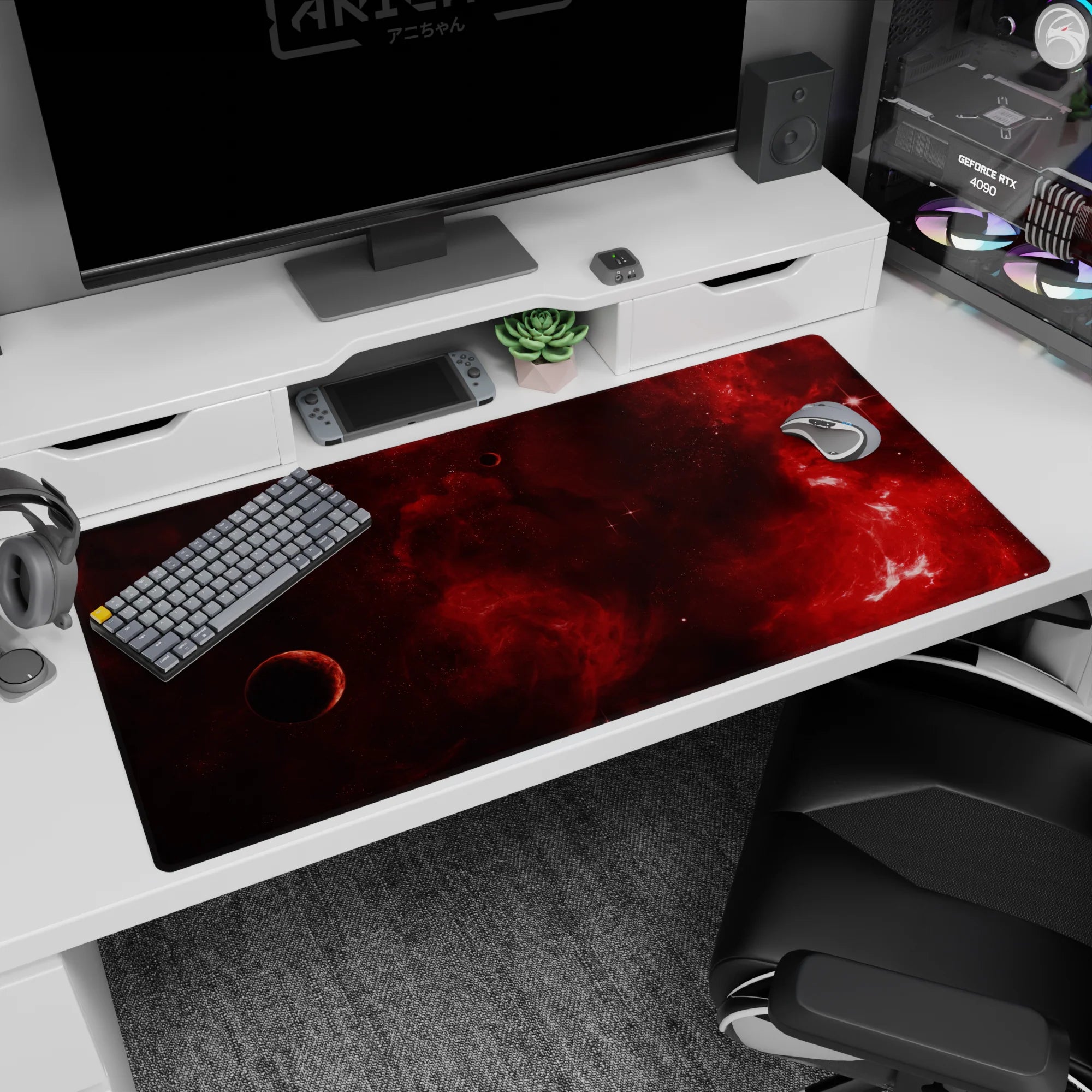 Shadowed planet and starry crimson nebula desk pad 40x20 inches, ink-like clouds across the surface.