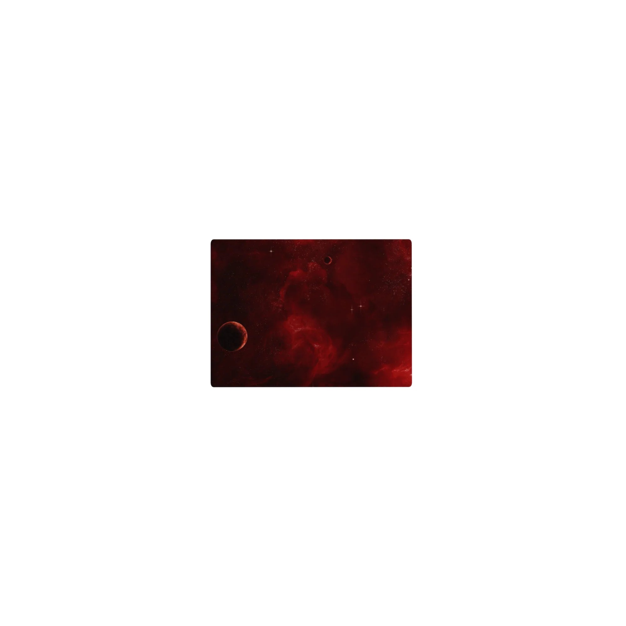 Crimson cosmos galaxy mouse pad, classic 14x10 inches, smoky red swirls with tiny stars and dark edges.