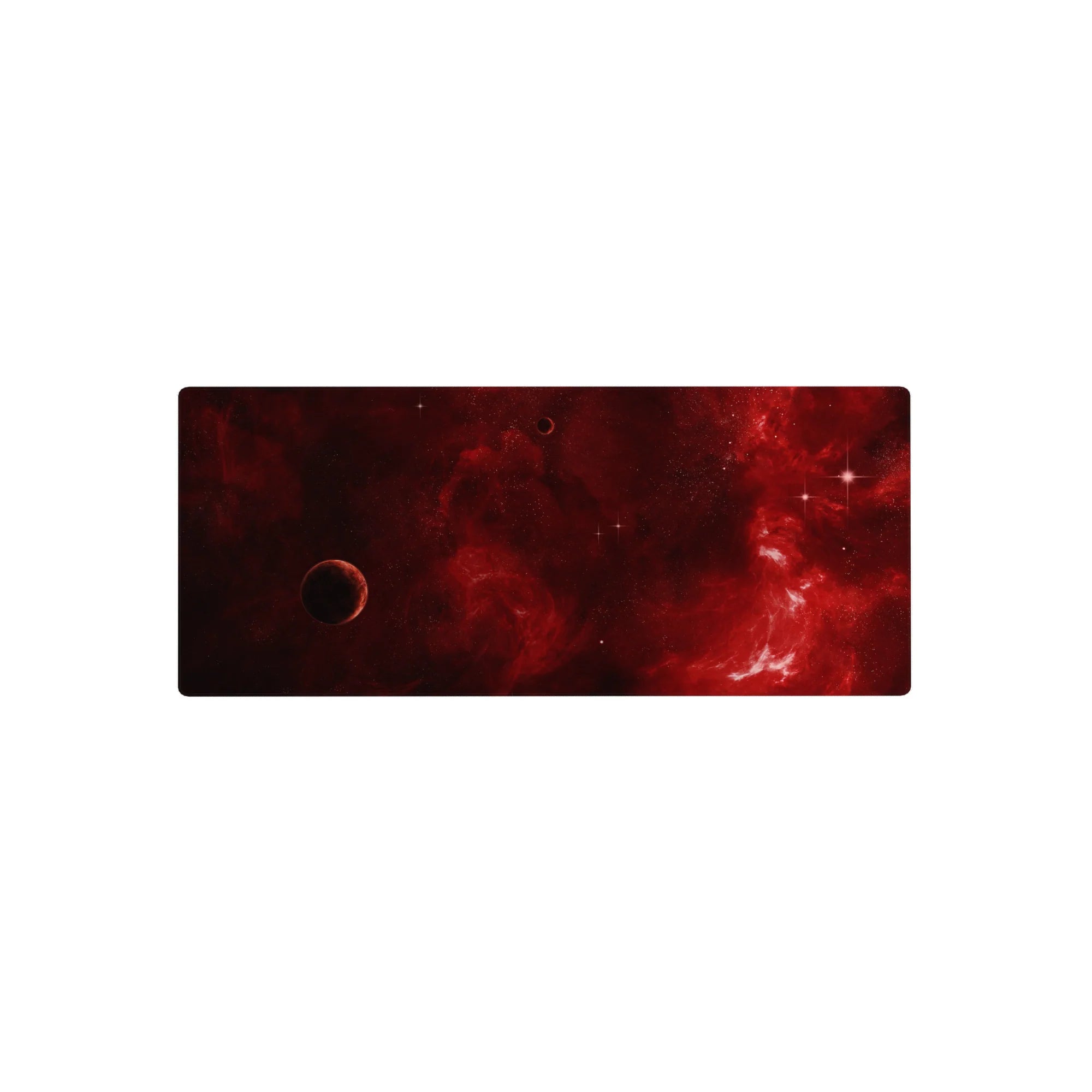 Crimson cosmos galaxy mouse pad 28x12 inches with smoky red swirls, tiny stars, and dark edges.