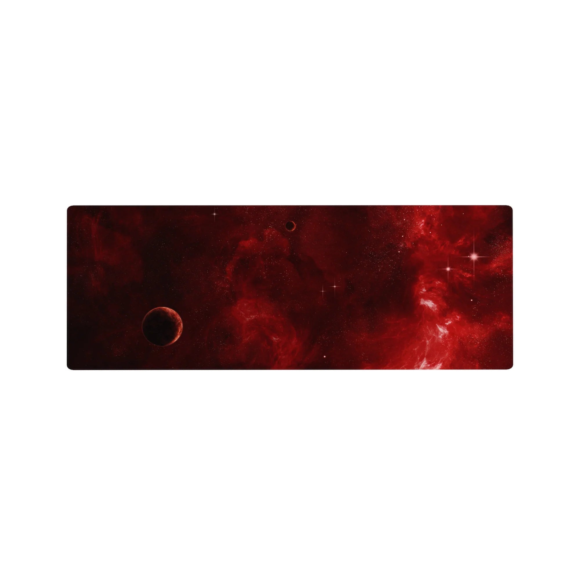 Crimson cosmos galaxy mouse pad 32x12 inches with smoky red nebula, tiny stars, and dark edges.