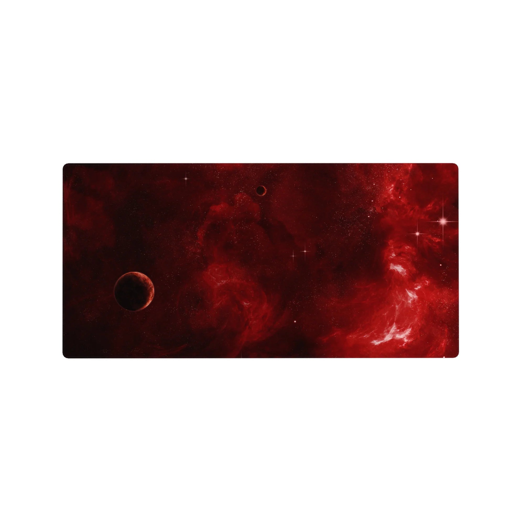 Crimson cosmos space design mouse pad 32x16 inches with smoky red nebula and starry backdrop.