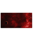 Crimson cosmos space design mouse pad 32x16 inches with smoky red nebula and starry backdrop.