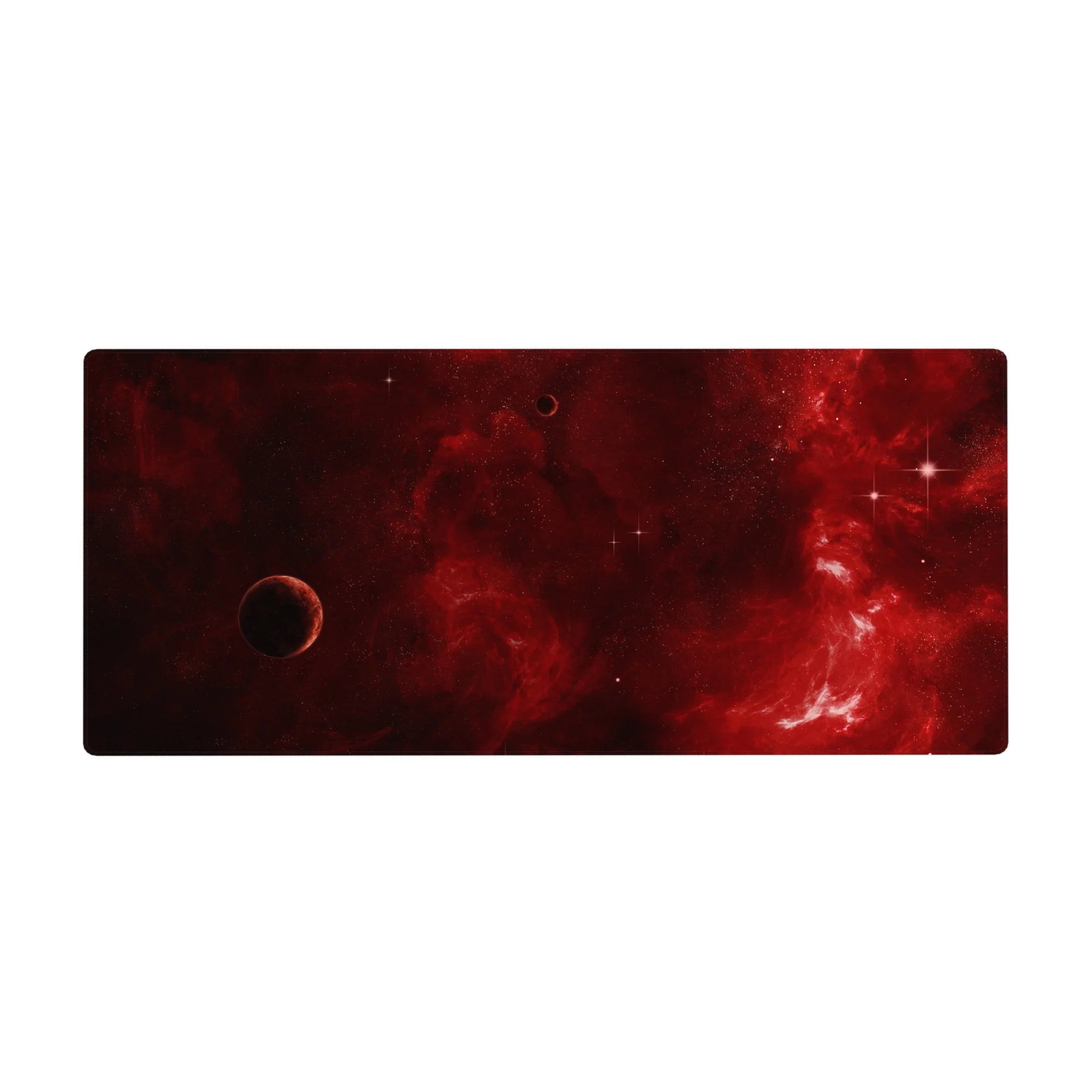 Crimson cosmos desk pad 36x16 inches with smoky red nebula swirls, tiny stars, and dark edges.