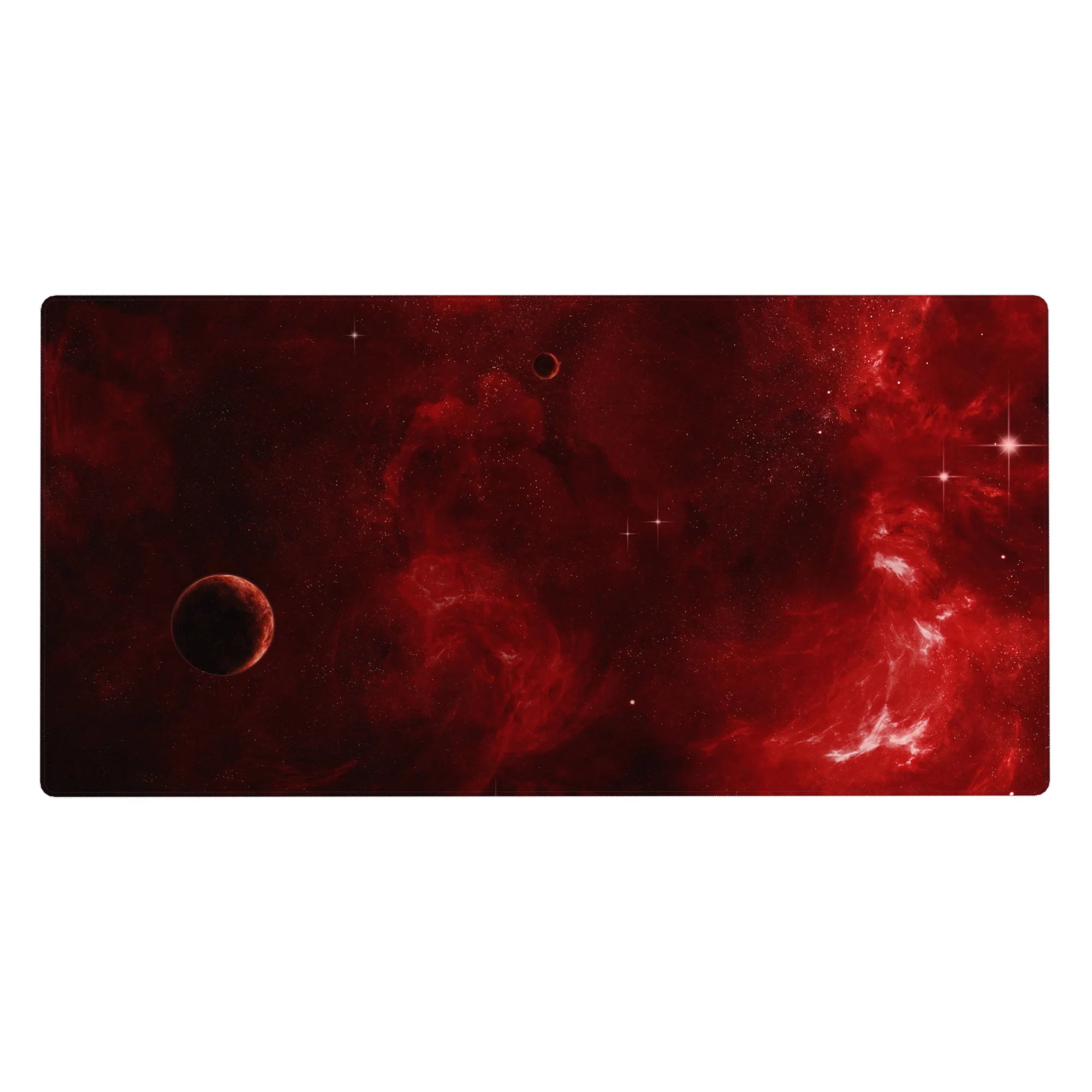 Crimson cosmos desk pad 40x20 inches with smoky red nebula swirls, tiny stars, and dark edges.