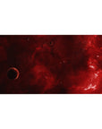 Crimson cosmos desk pad 40x20 inches with smoky red nebula swirls, tiny stars, and dark edges.