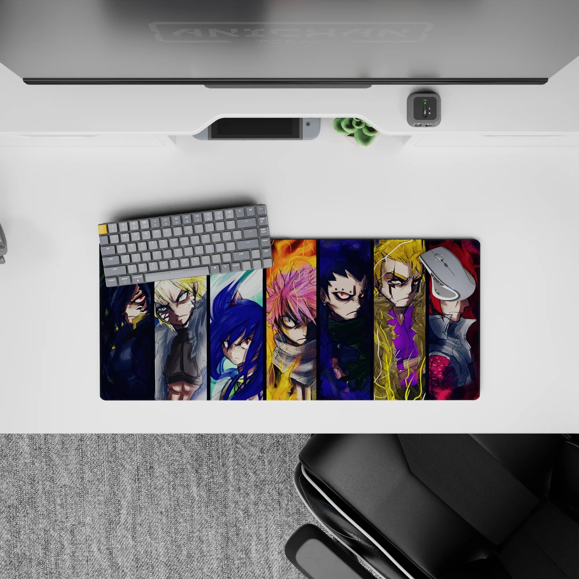 28x12 inches anime mouse pad in deep blues, ember orange, and electric yellow with stormy energy.
