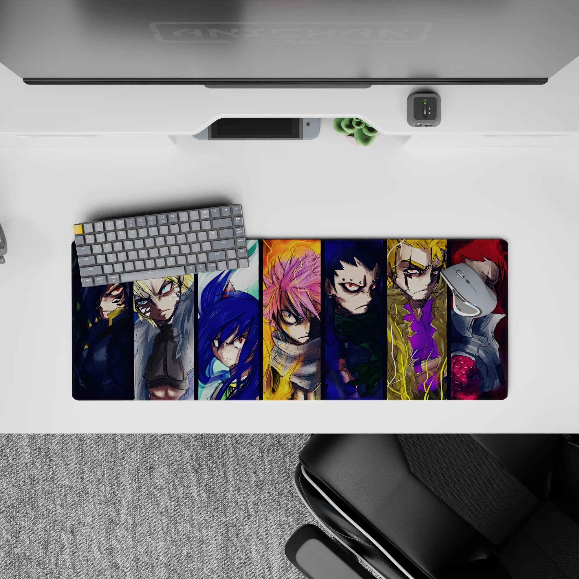 32x12 inches anime mouse pad in deep blues, ember orange, and electric yellow with stormy intensity.