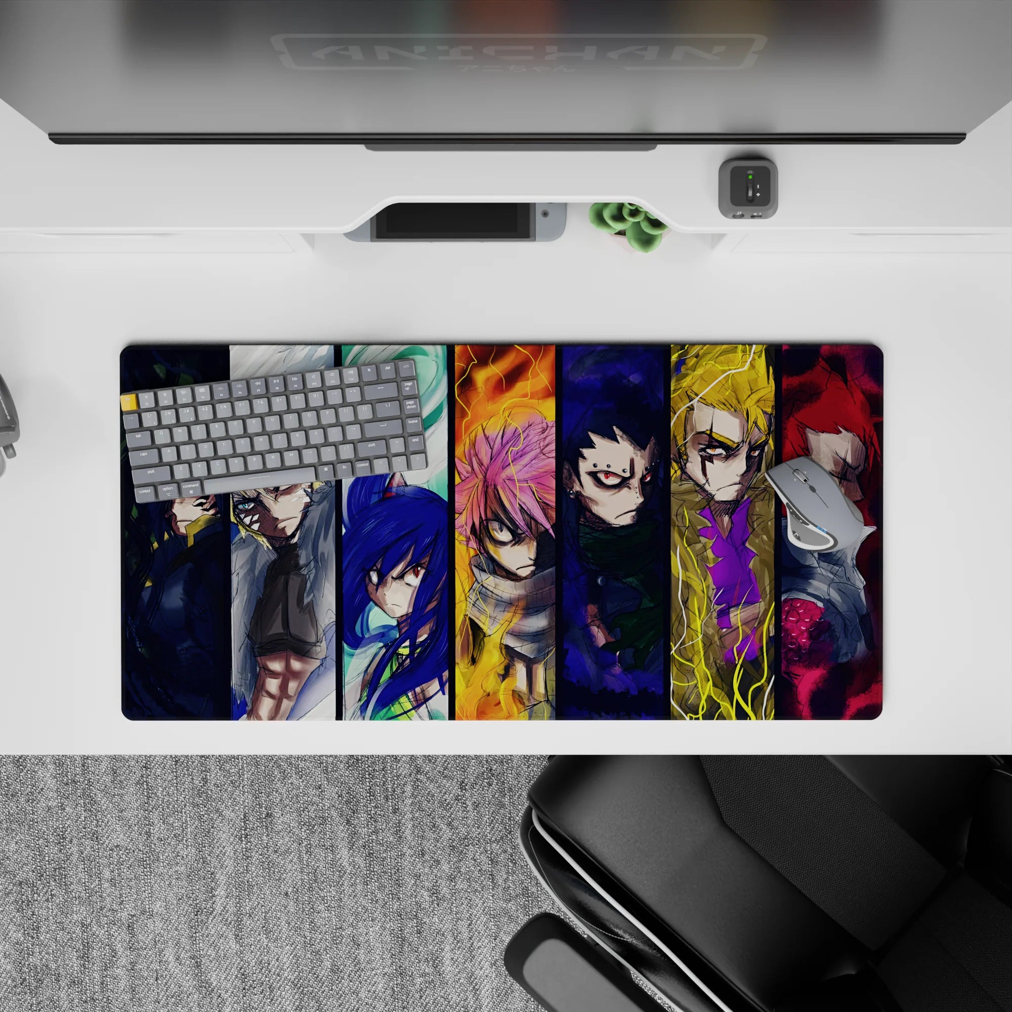 32x16 inches anime mouse pad in stormy blues, ember orange, and electric yellow with intense energy.