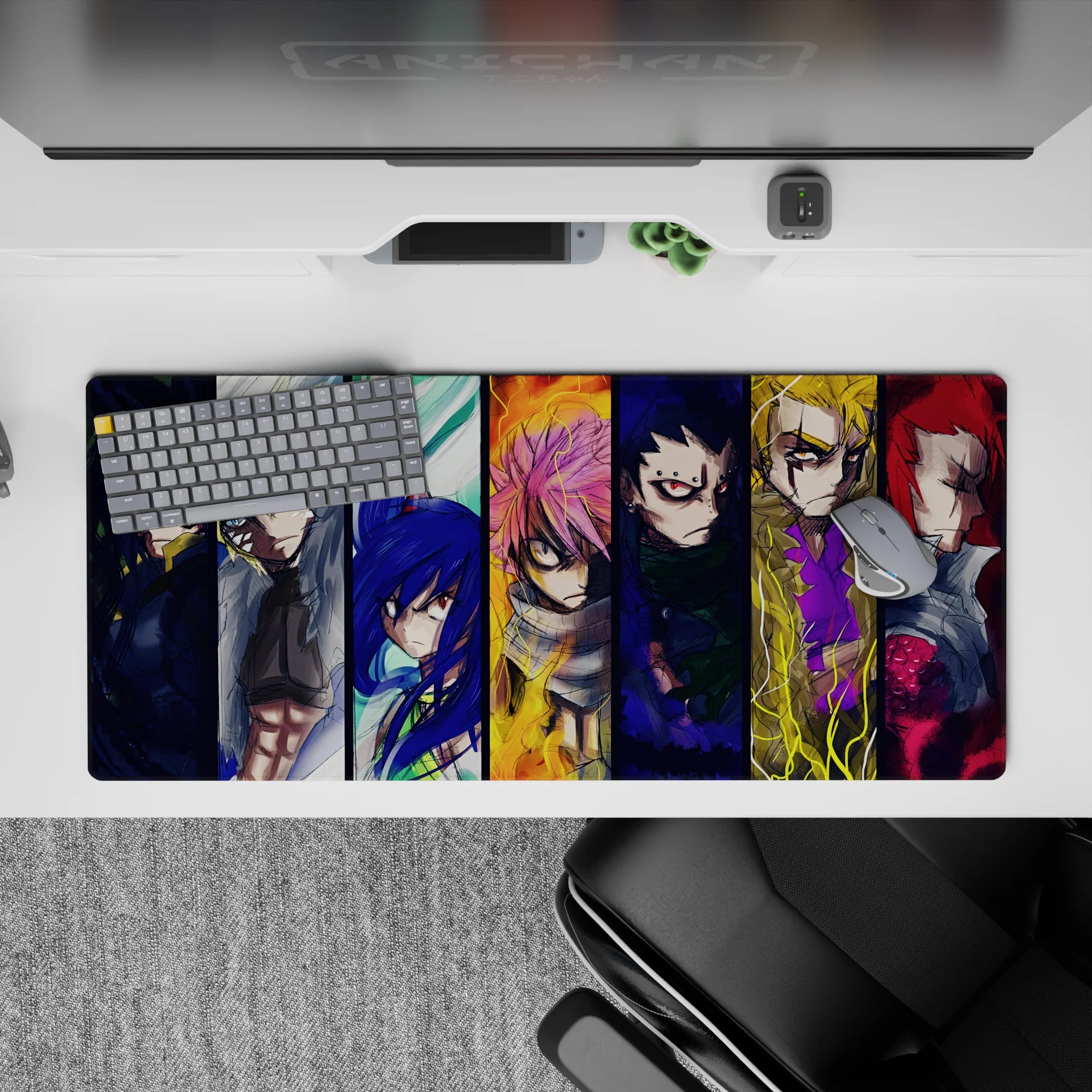 36x16 inches anime desk pad in deep blue, ember orange, and electric yellow with intense storm-lit mood.