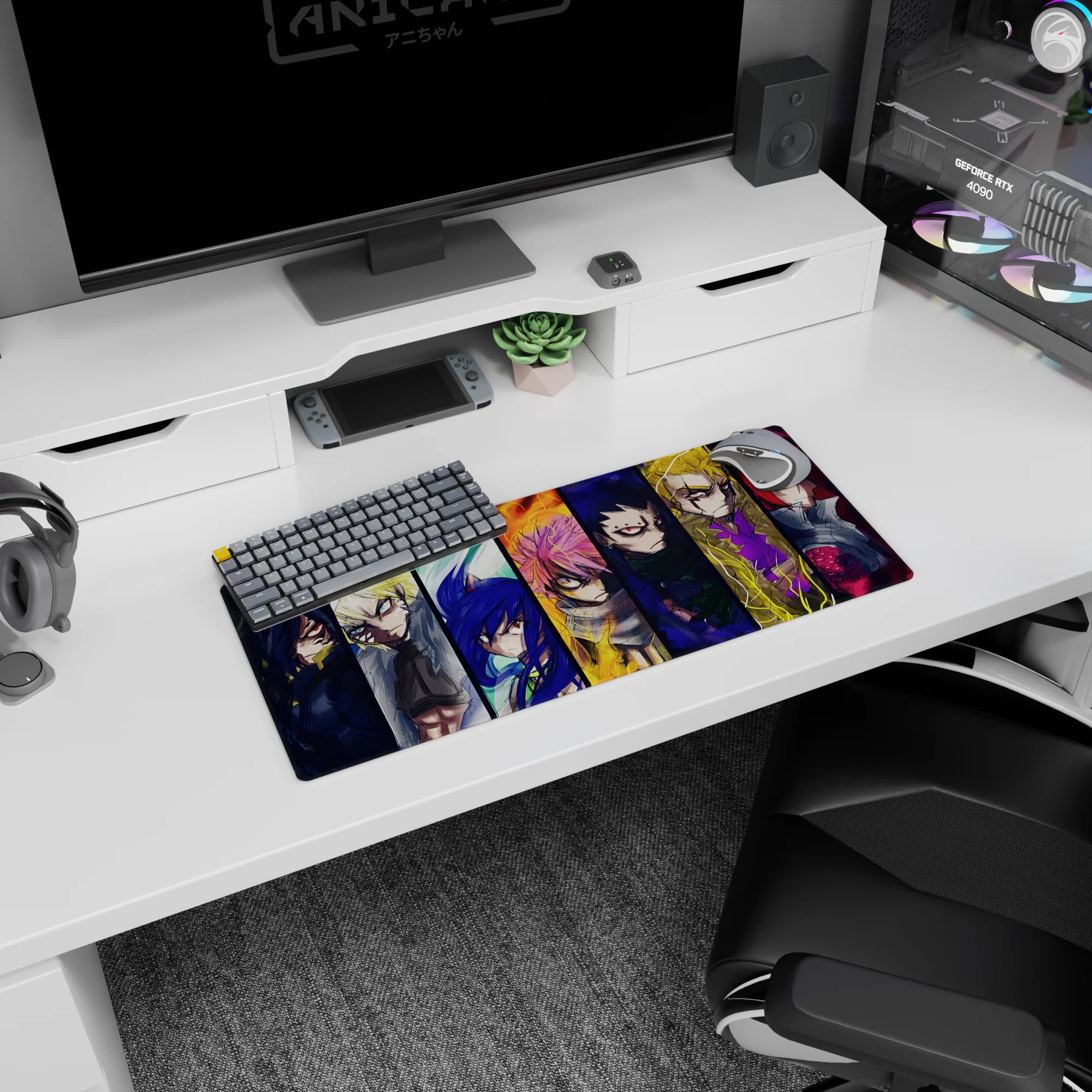 28x12 inches anime mouse pad showing seven battle-worn faces with scarves and armor, eyes blazing.