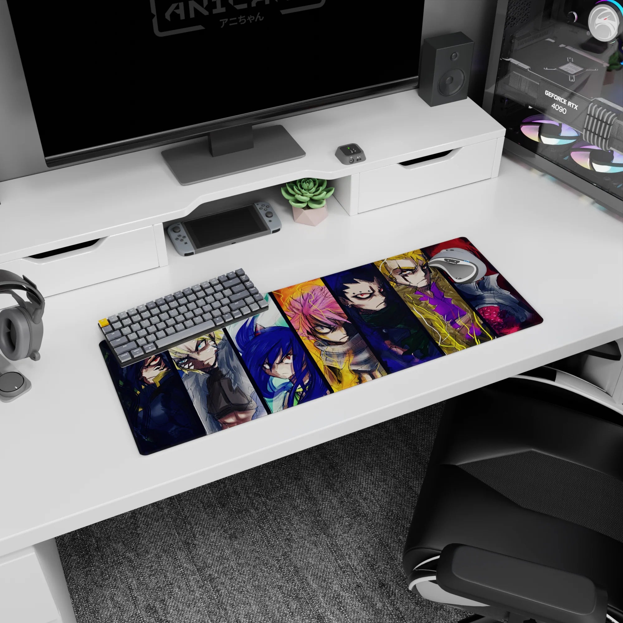 32x12 inches anime mouse pad featuring sharp-eyed fighters in scarves and armor before battle.